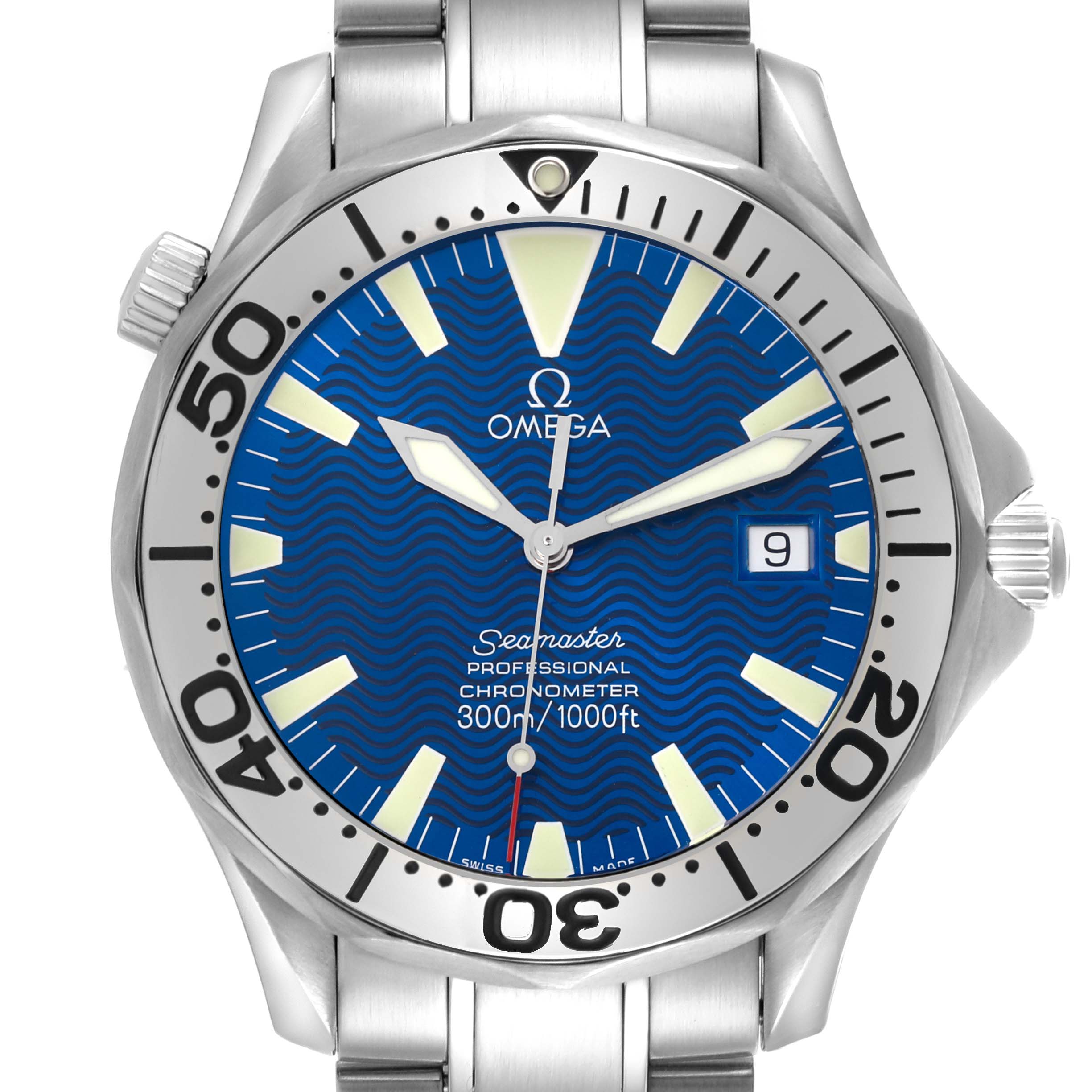 The image shows a front view of the Omega Seamaster 2255.80.00 Men's Stainless Steel Blue Dial 2255.80.00 Men's Stainless Steel Blue Dial watch, highlighting the dial, bezel, and bracelet.
