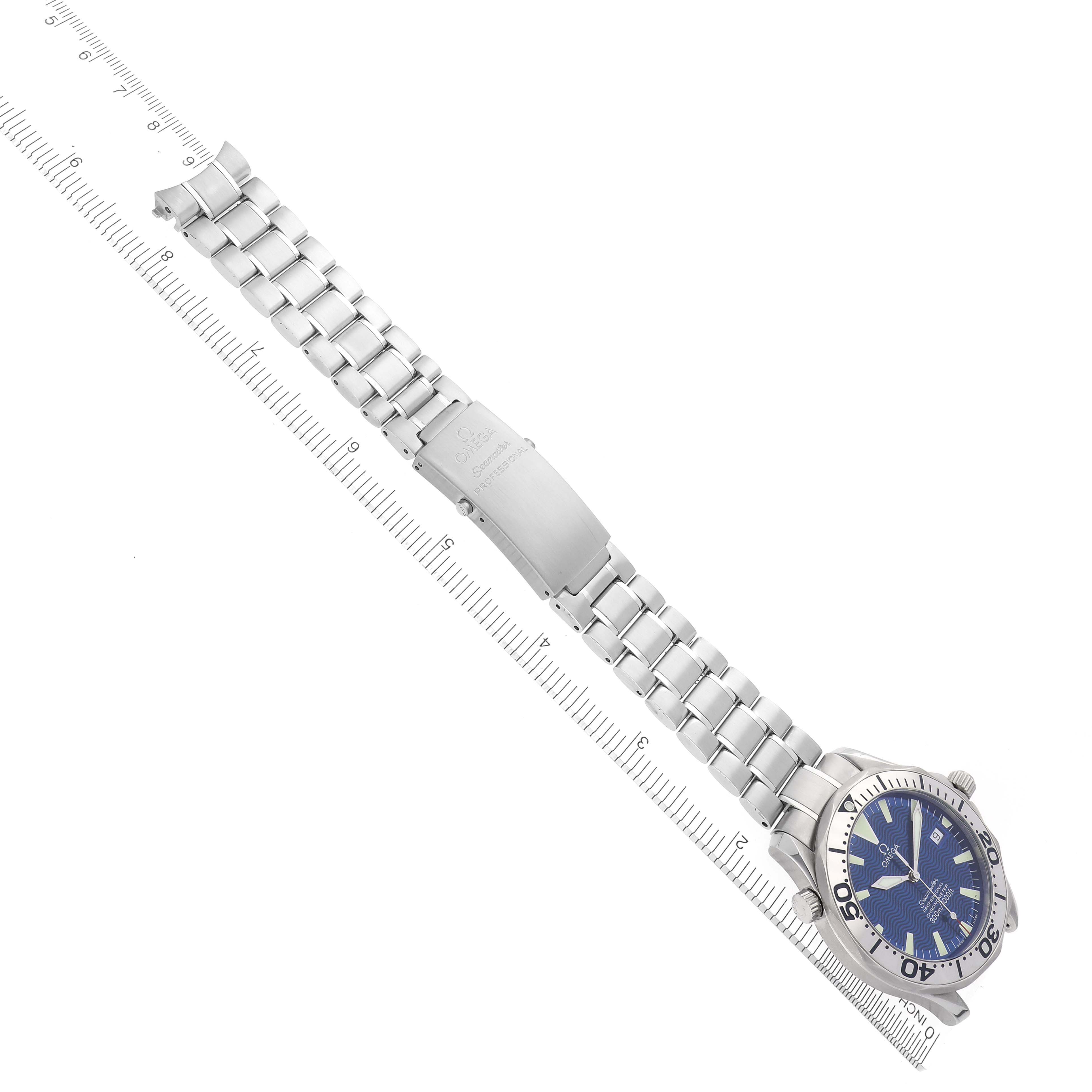 The Omega Seamaster 2255.80.00 Men's Stainless Steel Blue Dial 2255.80.00 Men's Stainless Steel Blue Dial watch is shown at an angled top view, displaying the face, bezel, and full metal bracelet.