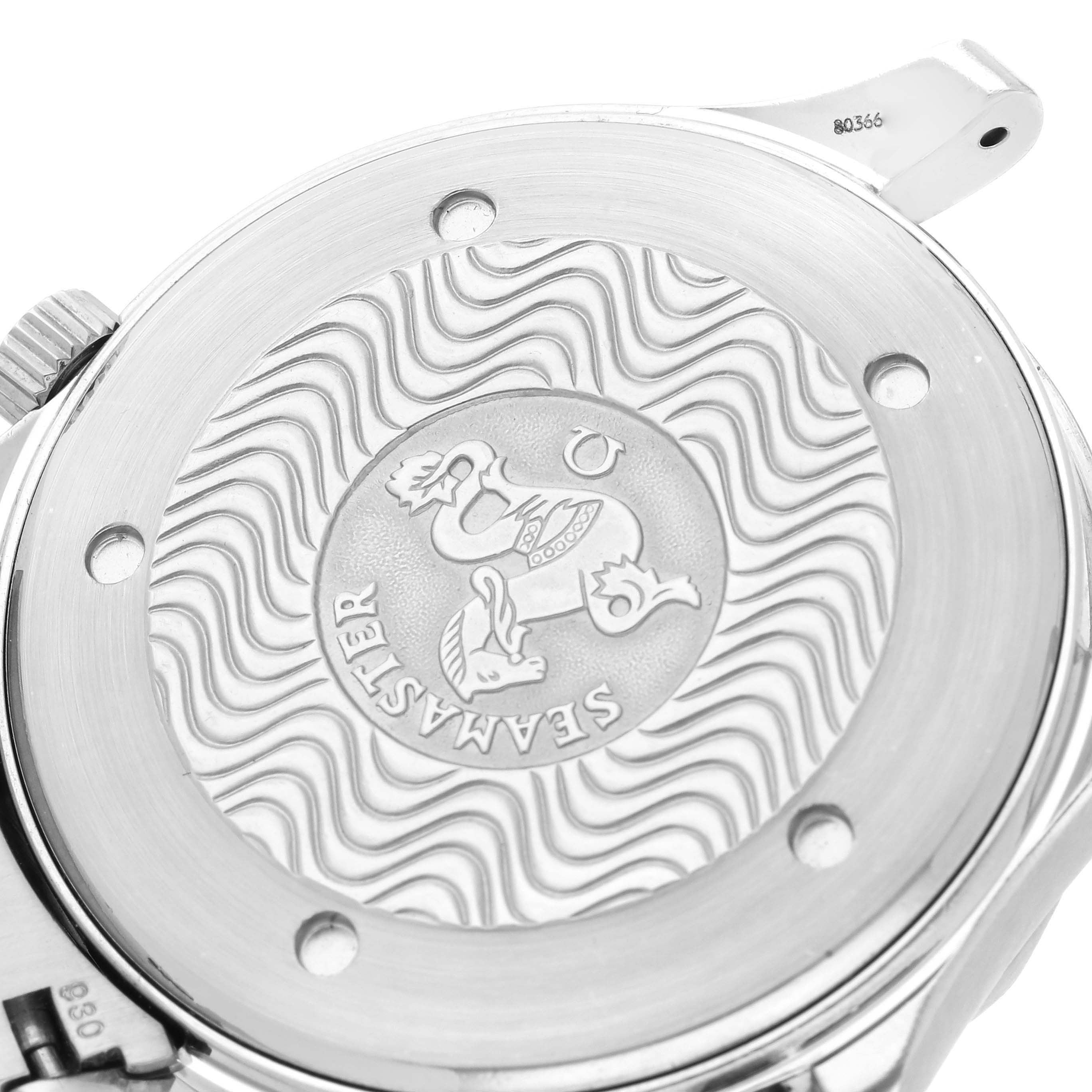 The image shows the case back of the Omega Seamaster 2255.80.00 Men's Stainless Steel Blue Dial 2255.80.00 Men's Stainless Steel Blue Dial watch, featuring its logo and wavy pattern.