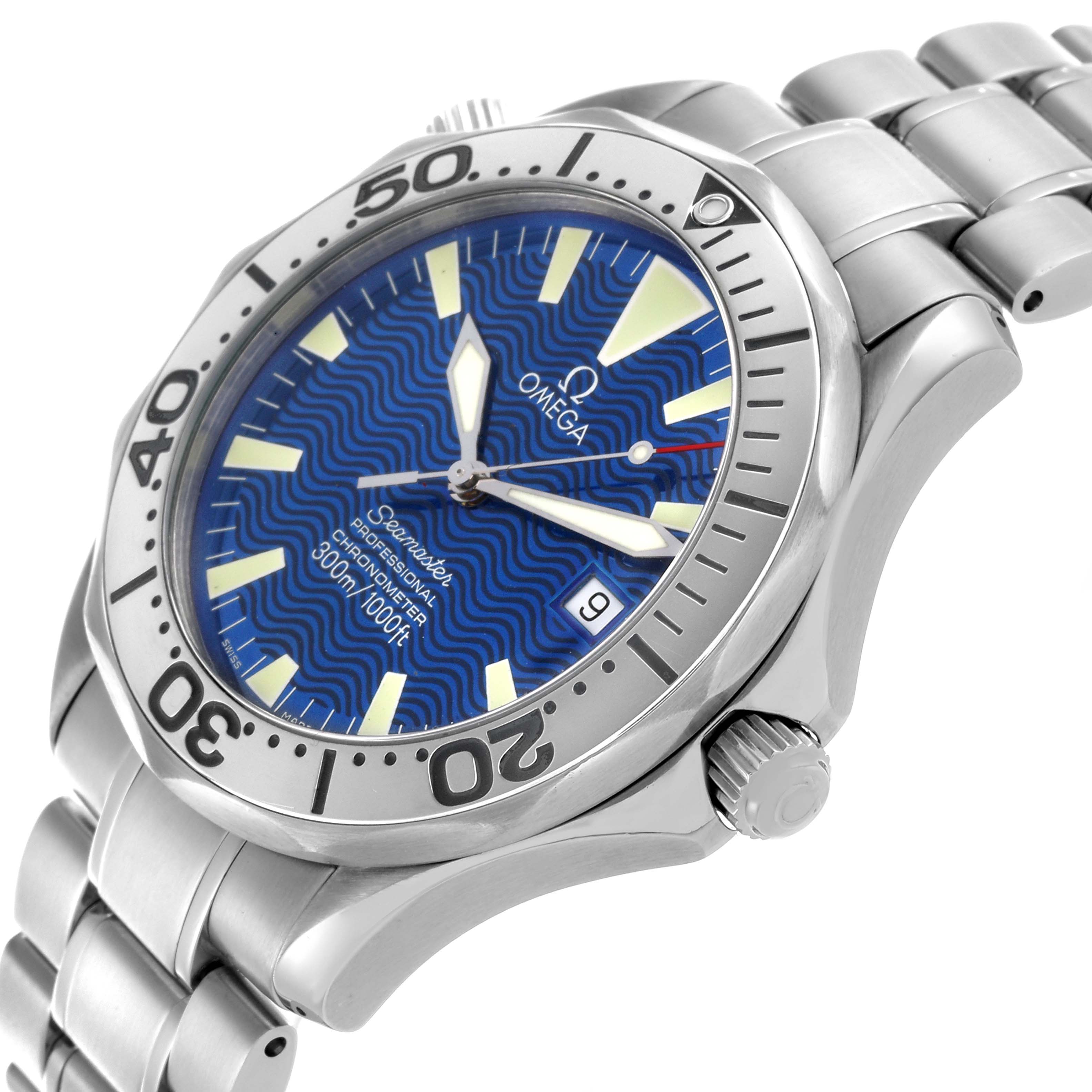 The Omega Seamaster 2255.80.00 Men's Stainless Steel Blue Dial 2255.80.00 Men's Stainless Steel Blue Dial watch is shown from a slight angle displaying the face, bezel, crown, and part of the bracelet.