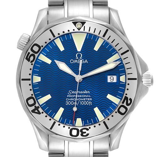 The Omega Seamaster 2255.80.00 Men's Stainless Steel Blue Dial 2255.80.00 Men's Stainless Steel Blue Dial watch is shown from a front angle, displaying the dial, hands, bezel, and part of the bracelet.