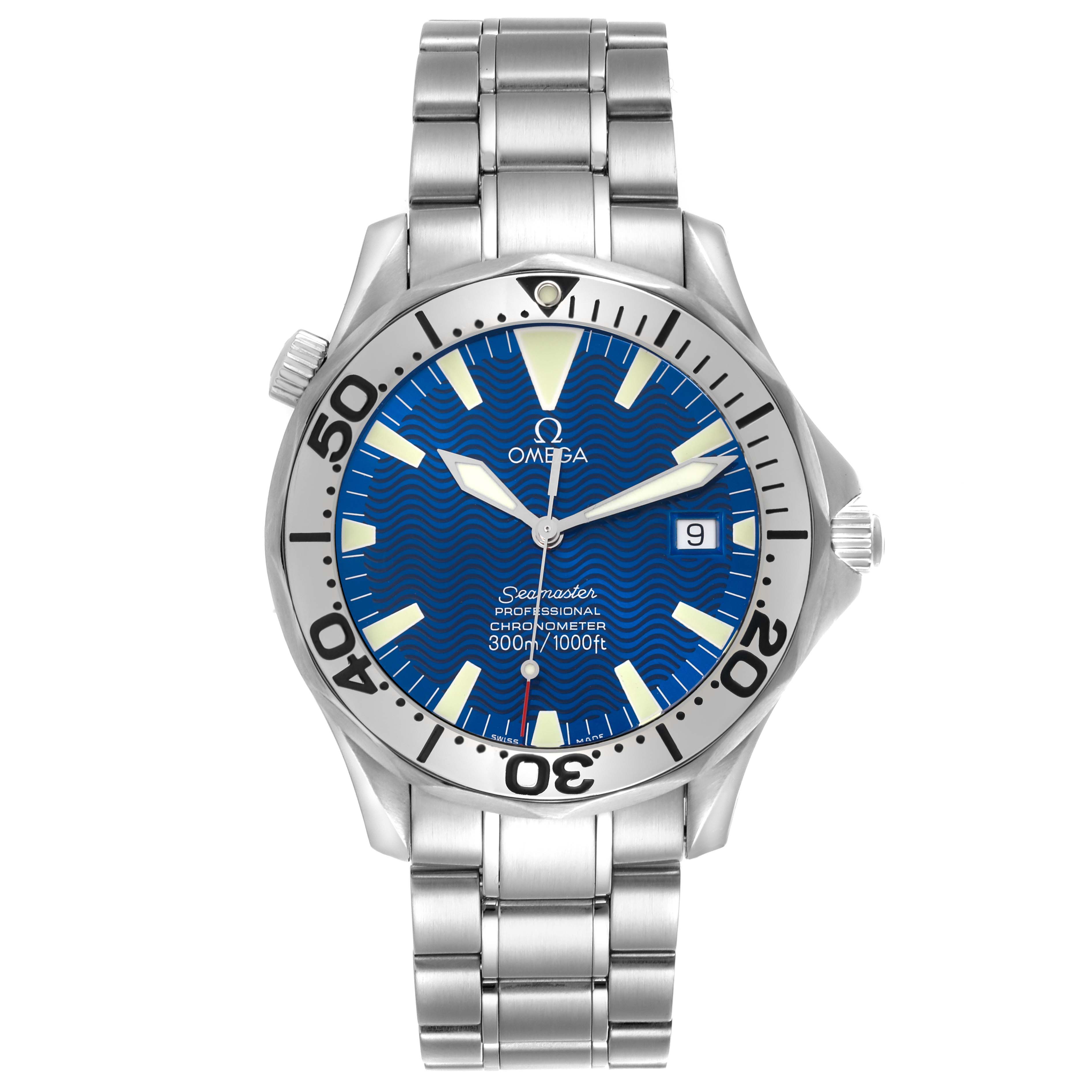The Omega Seamaster 2255.80.00 Men's Stainless Steel Blue Dial 2255.80.00 Men's Stainless Steel Blue Dial watch is shown from the front, displaying the face, bezel, crown, and bracelet.
