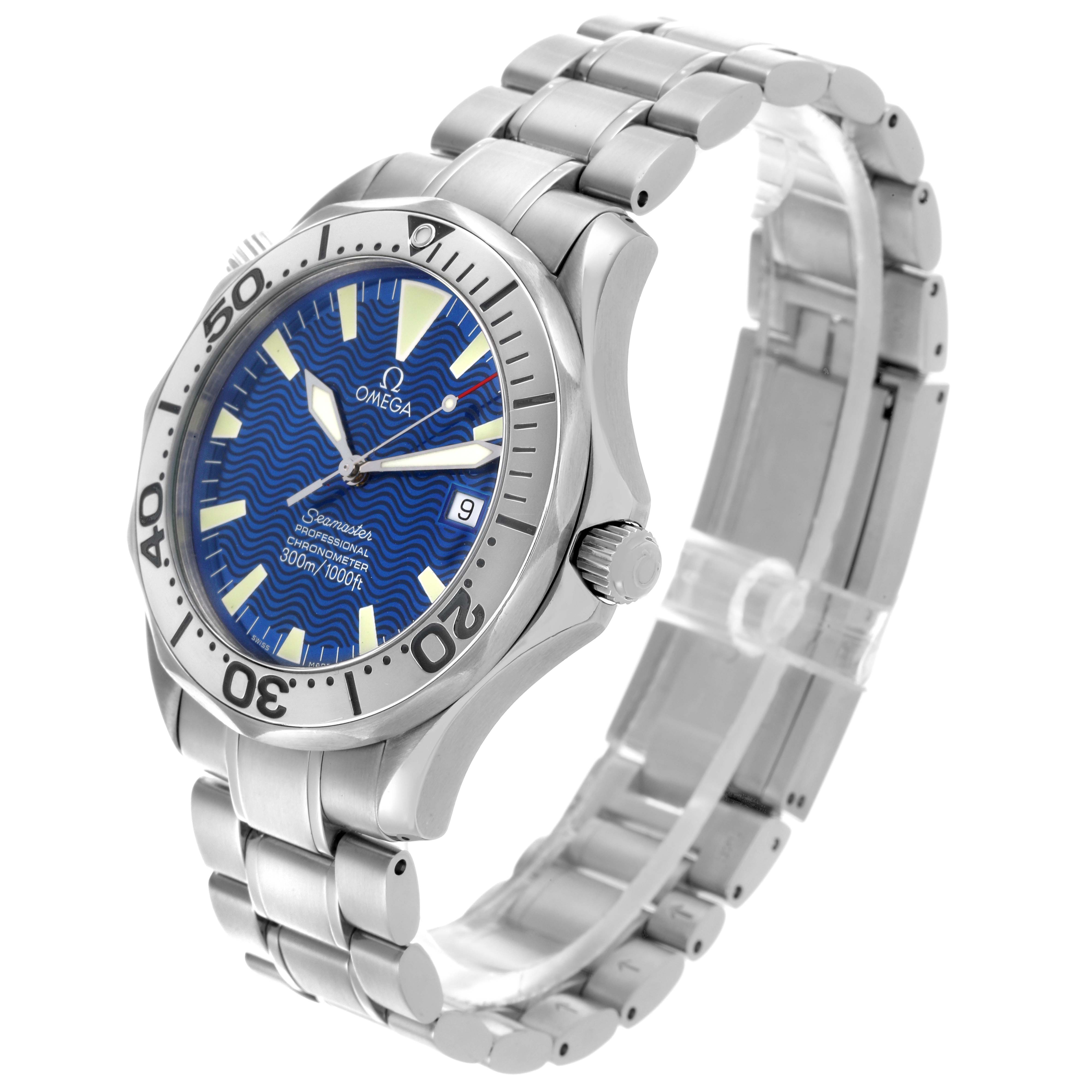 The Omega Seamaster 2255.80.00 Men's Stainless Steel Blue Dial 2255.80.00 Men's Stainless Steel Blue Dial watch is shown at a three-quarter angle, highlighting the face, bezel, crown, and metal bracelet.