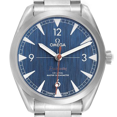 The Omega Seamaster watch is shown from a front angle, displaying the dial, hands, and part of the bracelet.