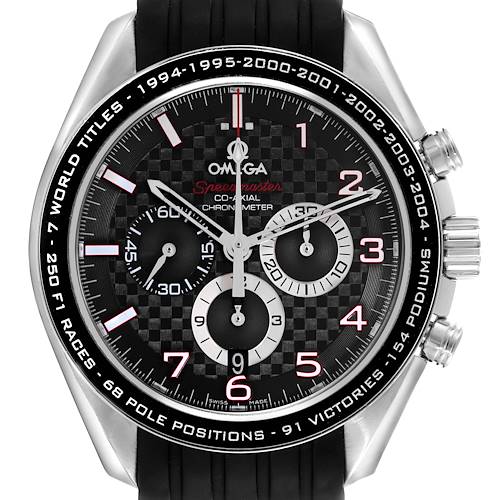 The Omega Speedmaster 321.32.44.50.01.001 Men's Stainless Steel Black Dial 321.32.44.50.01.001 Men's Stainless Steel Black Dial watch is shown from the front, displaying the dial, bezel, and part of the strap.