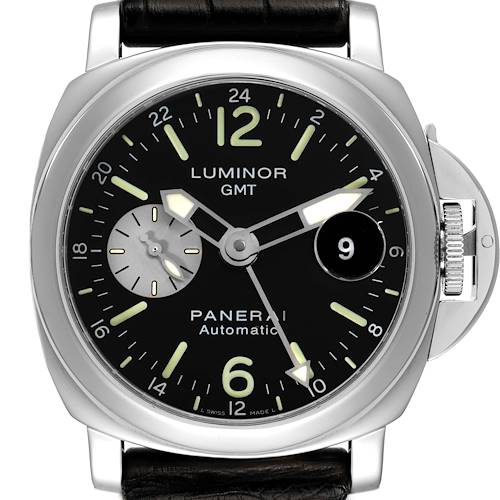 The watch is shown from the front, displaying the Panerai Luminor PAM00088 Men's Stainless Steel Black Dial PAM00088 Men's Stainless Steel Black Dial dial, hands, crown, and date window.