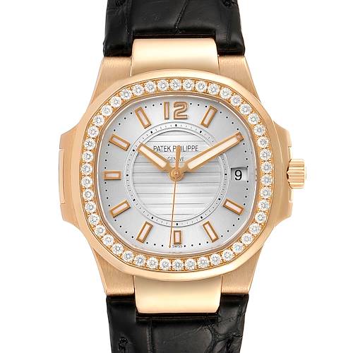 This image shows a frontal view of the Patek Philippe Nautilus 7010R Women's Rose Gold Silver Dial 7010R Women's Rose Gold Silver Dial watch, highlighting the diamond bezel, dial, and part of the strap.