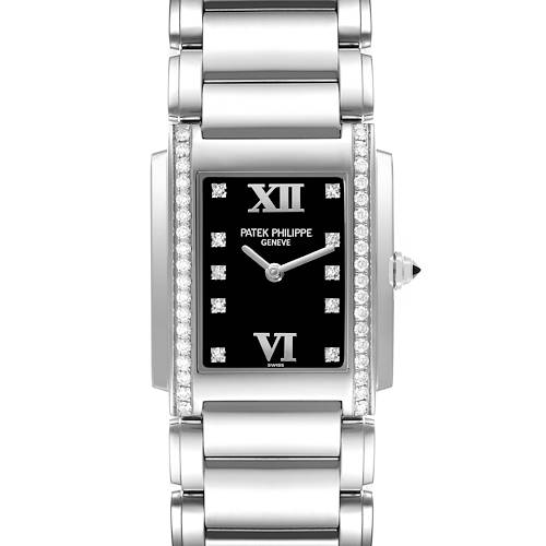 The Patek Philippe Twenty-4 4910/10 Women's White Gold Blue Dial 4910/10 Women's White Gold Blue Dial watch is shown from the front, highlighting the rectangular dial, diamond markers, and metallic bracelet.