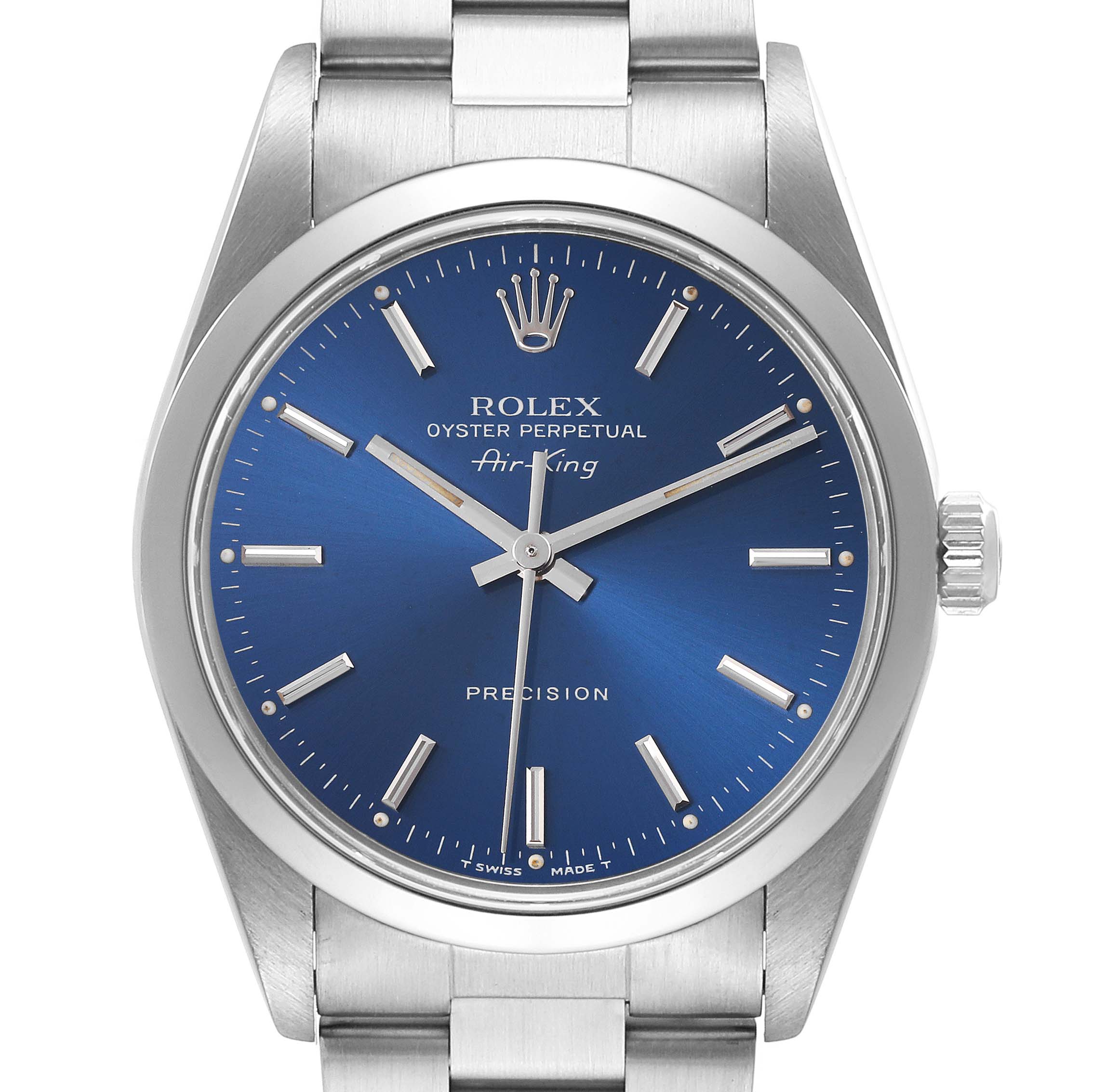 The Rolex Air-King 14000 Men's Stainless Steel Blue Dial 14000 Men's Stainless Steel Blue Dial watch is shown from the front, highlighting its blue dial, hands, markers, and part of the bracelet.