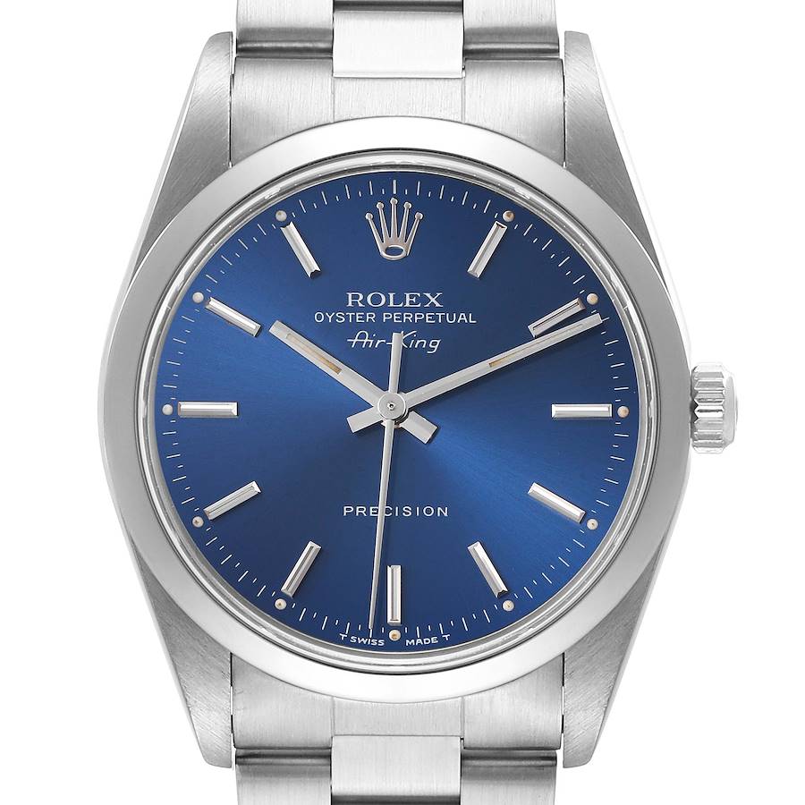 The Rolex Air-King 14000 Men's Stainless Steel Blue Dial 14000 Men's Stainless Steel Blue Dial watch is shown from the front, highlighting its blue dial, hands, markers, and part of the bracelet.