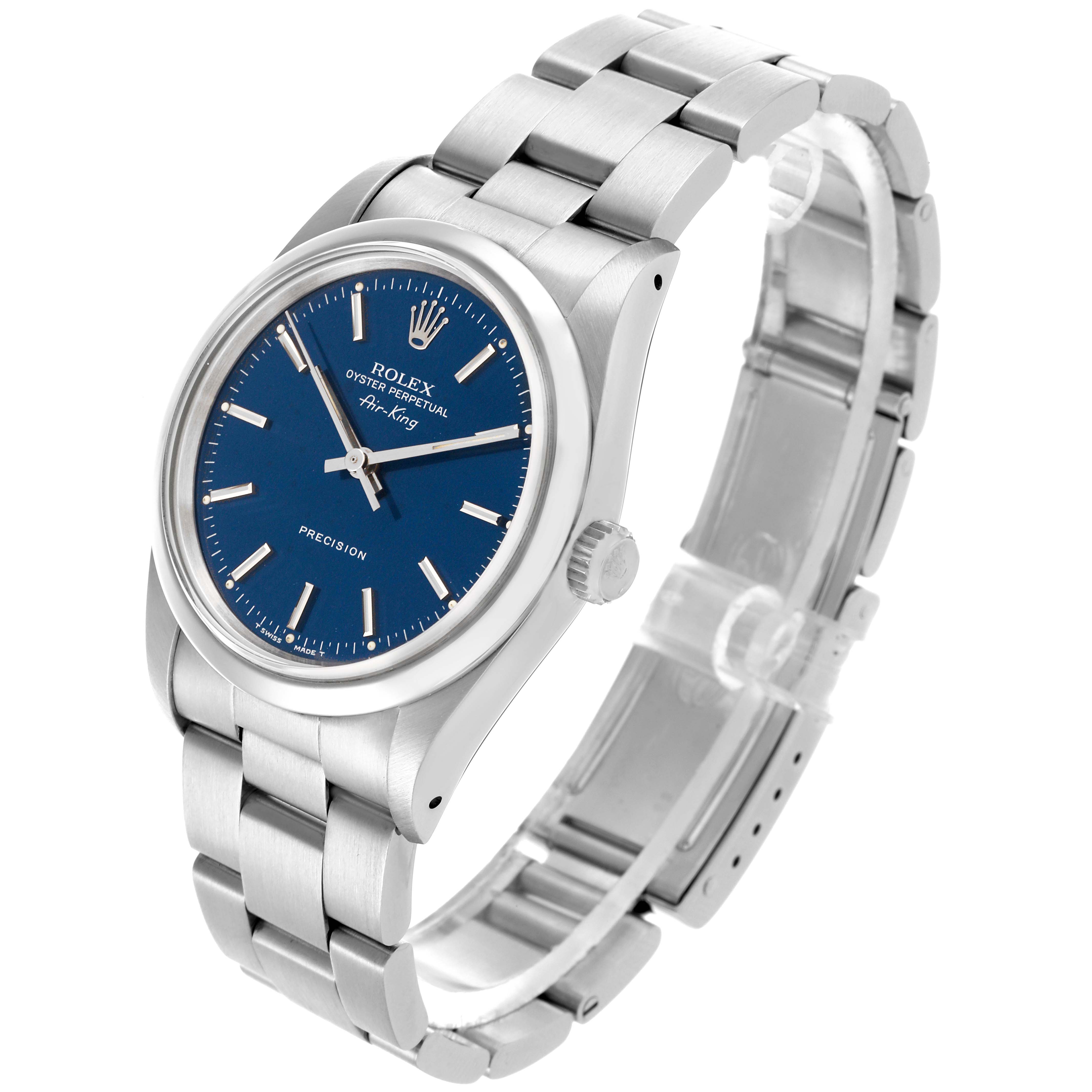 The Rolex Air-King 14000 Men's Stainless Steel Blue Dial 14000 Men's Stainless Steel Blue Dial watch is shown at a slight angle, displaying the dial, bezel, bracelet, and crown.