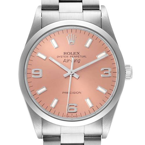 This image shows the Rolex Air-King 14000 Men's Stainless Steel Pink Dial 14000 Men's Stainless Steel Pink Dial watch front view, highlighting its pink dial, hour markers, and stainless steel bracelet.