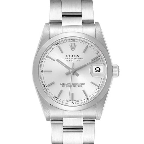 The Rolex Datejust Mid-Size watch is shown from a front angle, displaying the dial, hands, bracelet, and date magnifier.