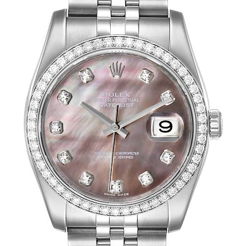 This image shows the front view of a Rolex Datejust 116244 Men's Stainless Steel Mother of Pearl Dial 116244 Men's Stainless Steel Mother of Pearl Dial watch, highlighting the dial, bezel, and part of the bracelet.