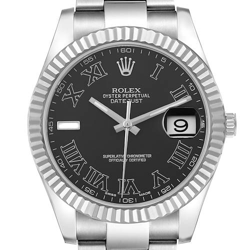 The Rolex Datejust 41 116334 Men's Stainless Steel Black Dial 116334 Men's Stainless Steel Black Dial watch is shown from the front, featuring its black dial, Roman numerals, fluted bezel, and date display.