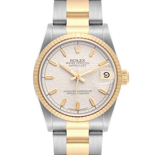 The Rolex Datejust Mid-Size watch is shown from a frontal angle, highlighting its dial, bezel, and bracelet.