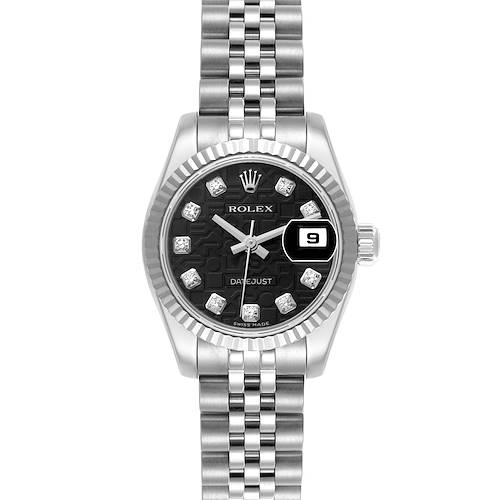 The Rolex Datejust 179174 Women's Stainless Steel Black Dial 179174 Women's Stainless Steel Black Dial watch is shown from a front angle, featuring the dial, bezel, crown, and bracelet.