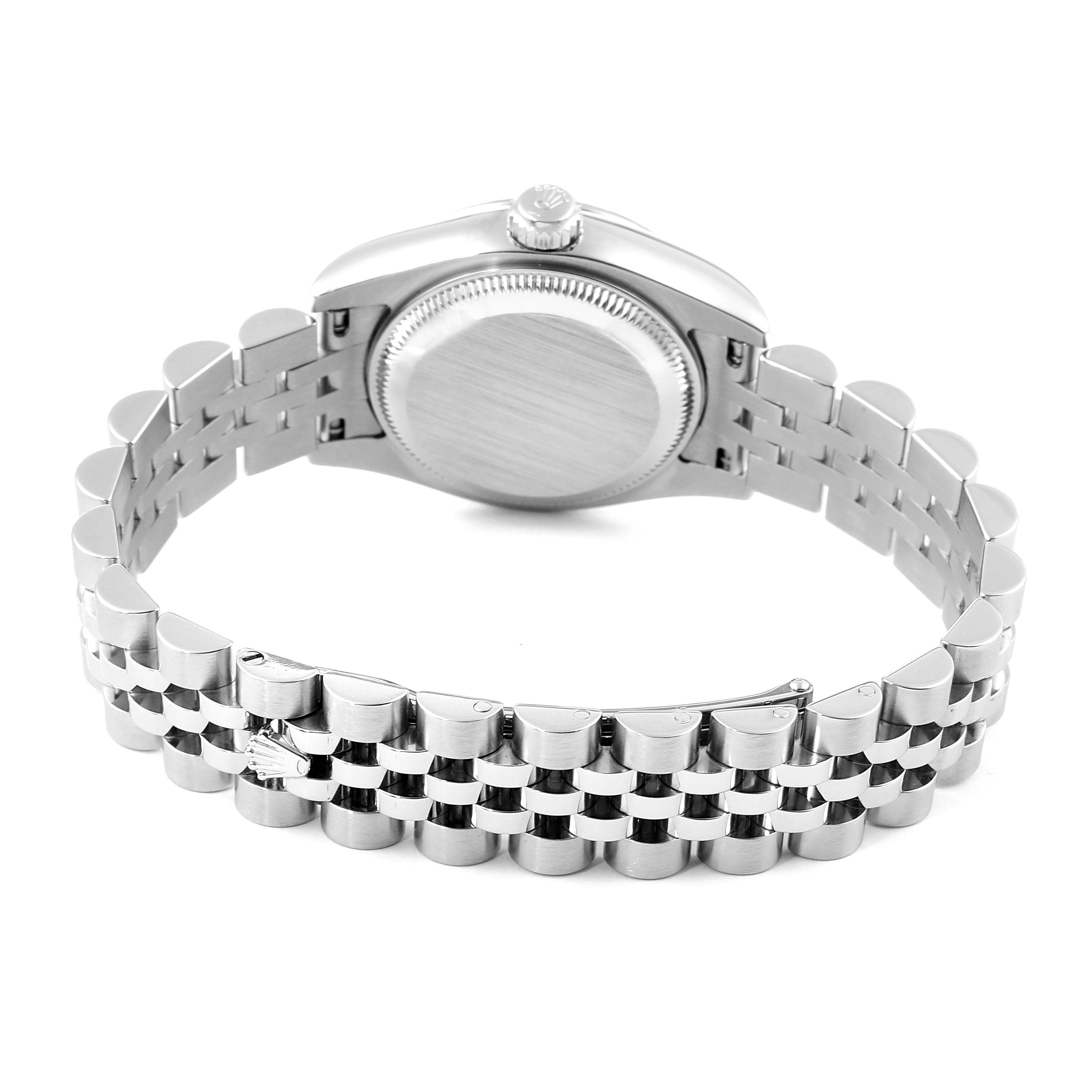 This is a view of the back and bracelet of the Rolex Datejust 179174 Women's Stainless Steel Silver Dial 179174 Women's Stainless Steel Silver Dial watch, highlighting the oystersteel case and jubilee bracelet.