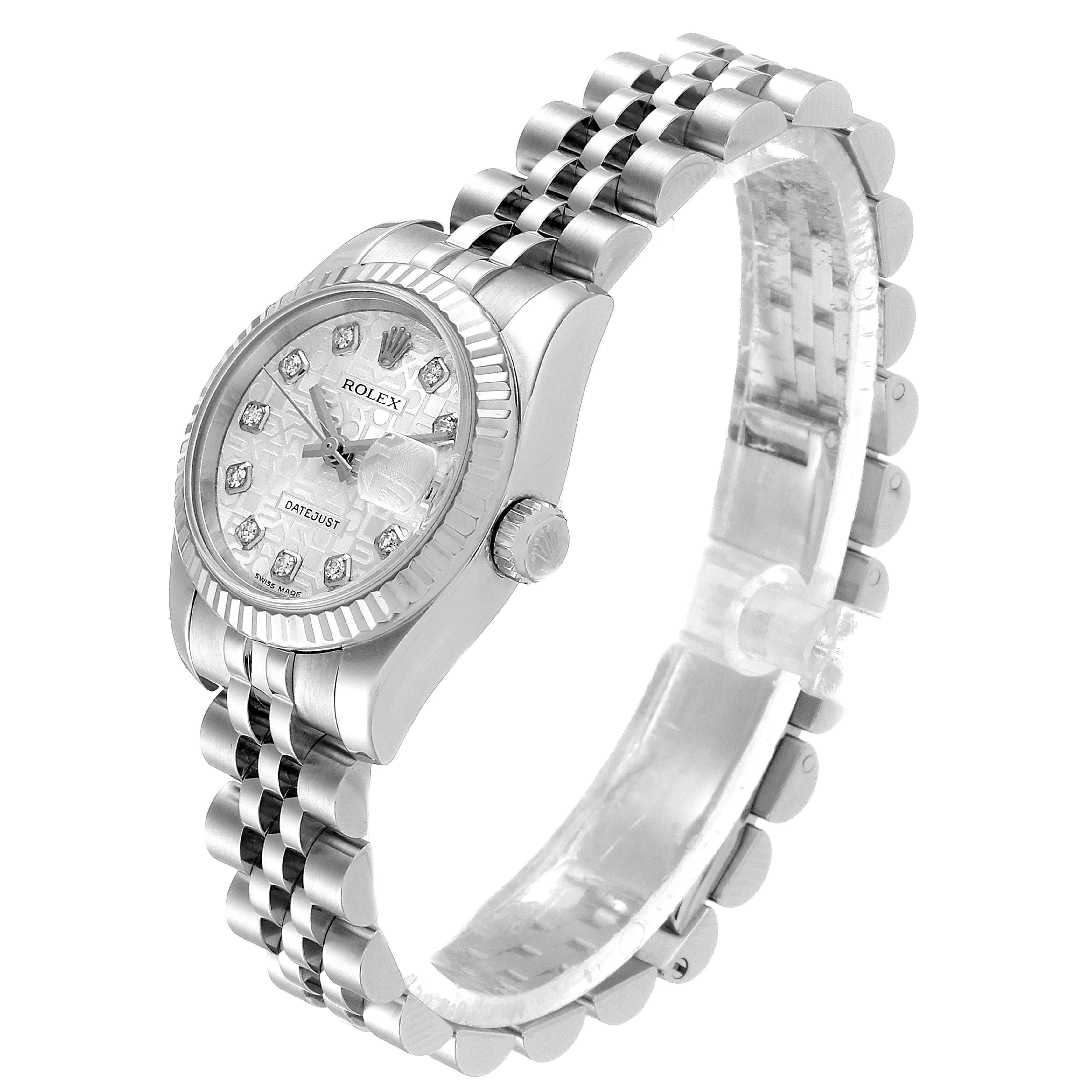 This image shows a side view of a Rolex Datejust 179174 Women's Stainless Steel Silver Dial 179174 Women's Stainless Steel Silver Dial watch, highlighting the bezel, dial, crown, and bracelet.