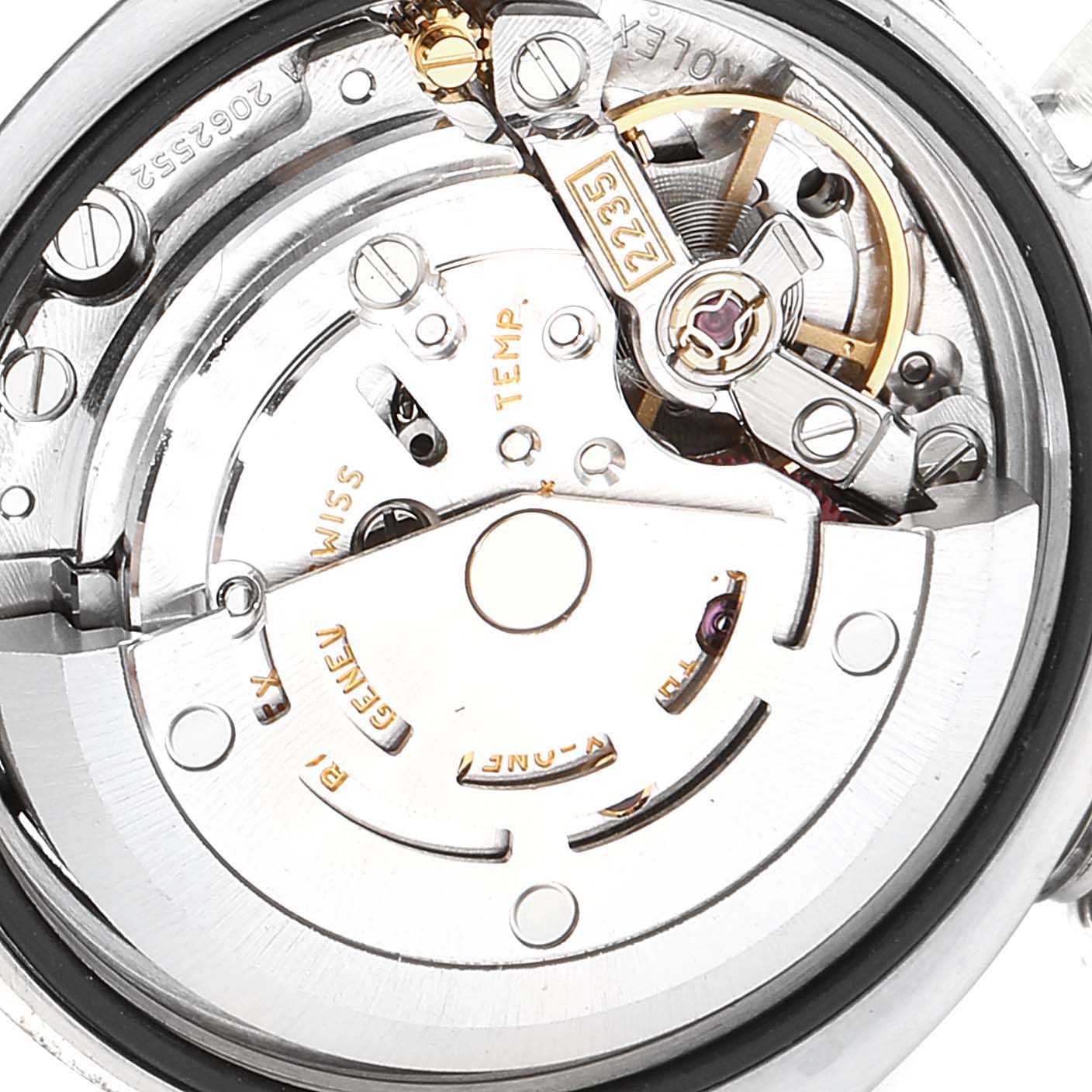 The image shows a close-up view of the movement and internal mechanisms of a Rolex Datejust 179174 Women's Stainless Steel Silver Dial 179174 Women's Stainless Steel Silver Dial watch.