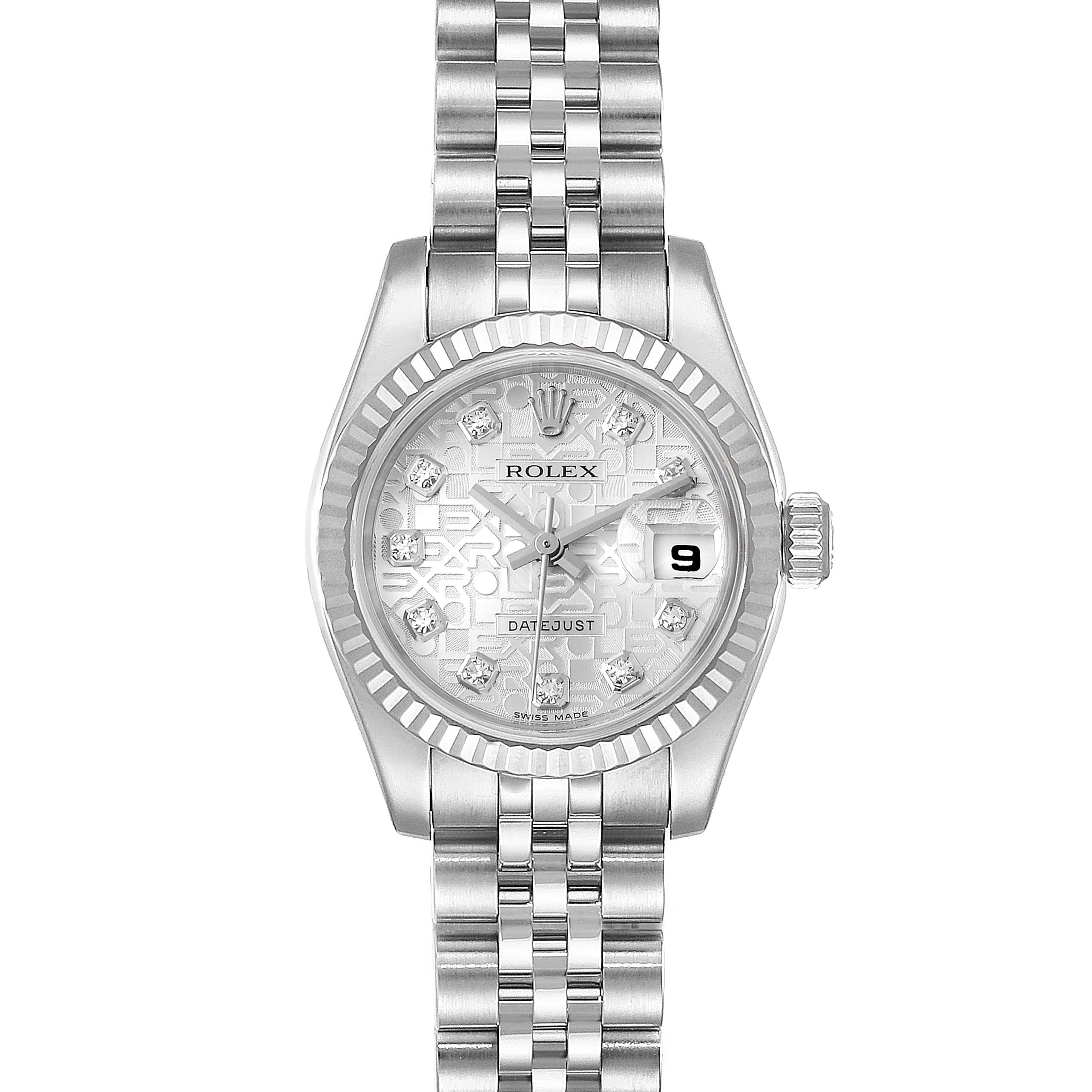This image displays a front view of a Rolex Datejust 179174 Women's Stainless Steel Silver Dial 179174 Women's Stainless Steel Silver Dial watch showing the dial, bezel, and part of the bracelet.