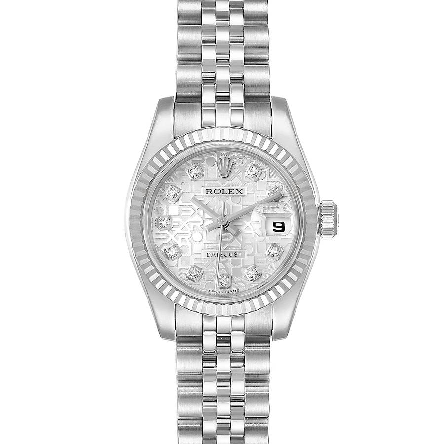 This image displays a front view of a Rolex Datejust 179174 Women's Stainless Steel Silver Dial 179174 Women's Stainless Steel Silver Dial watch showing the dial, bezel, and part of the bracelet.