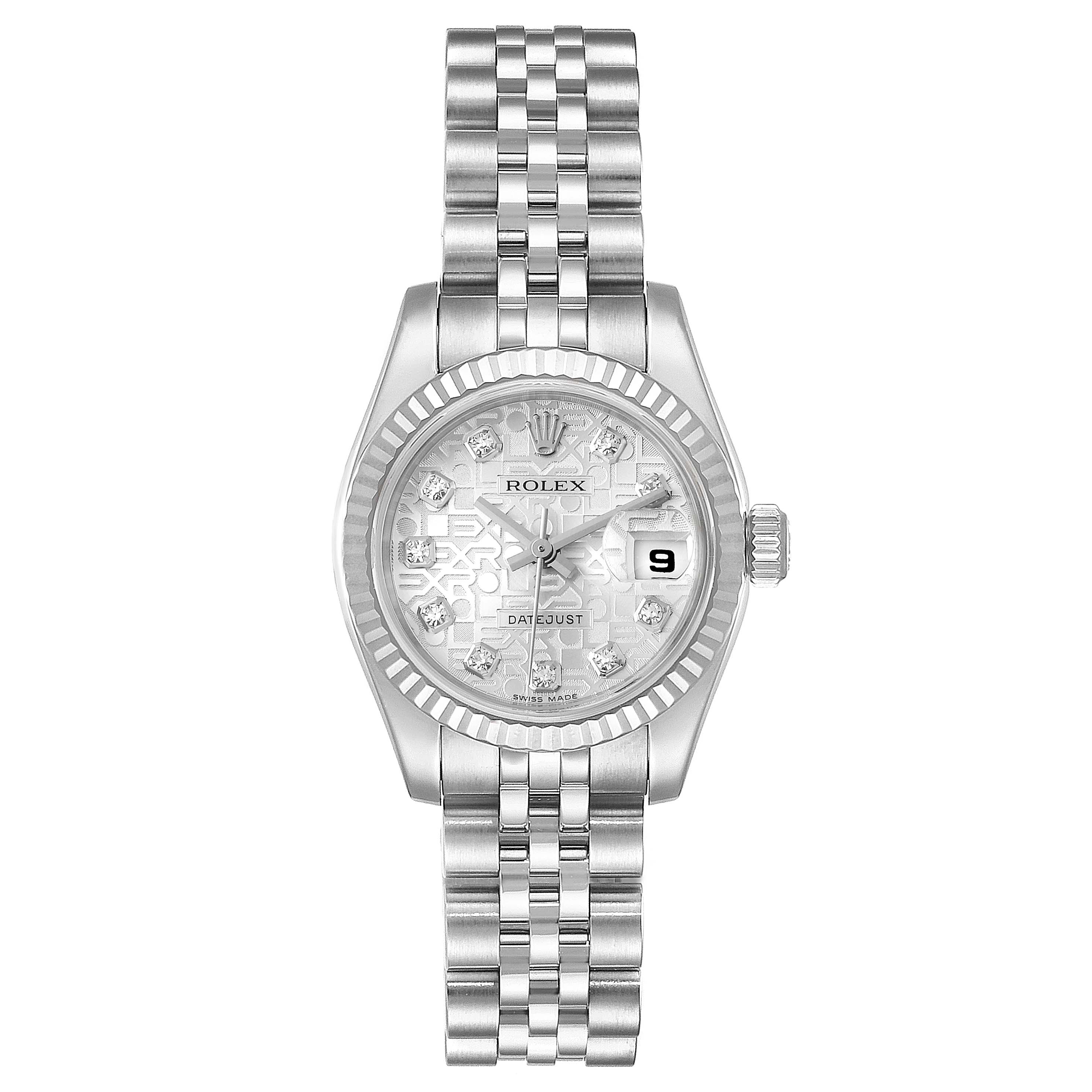 The image shows a front view of a Rolex Datejust 179174 Women's Stainless Steel Silver Dial 179174 Women's Stainless Steel Silver Dial watch, displaying its face, bracelet, and bezel.