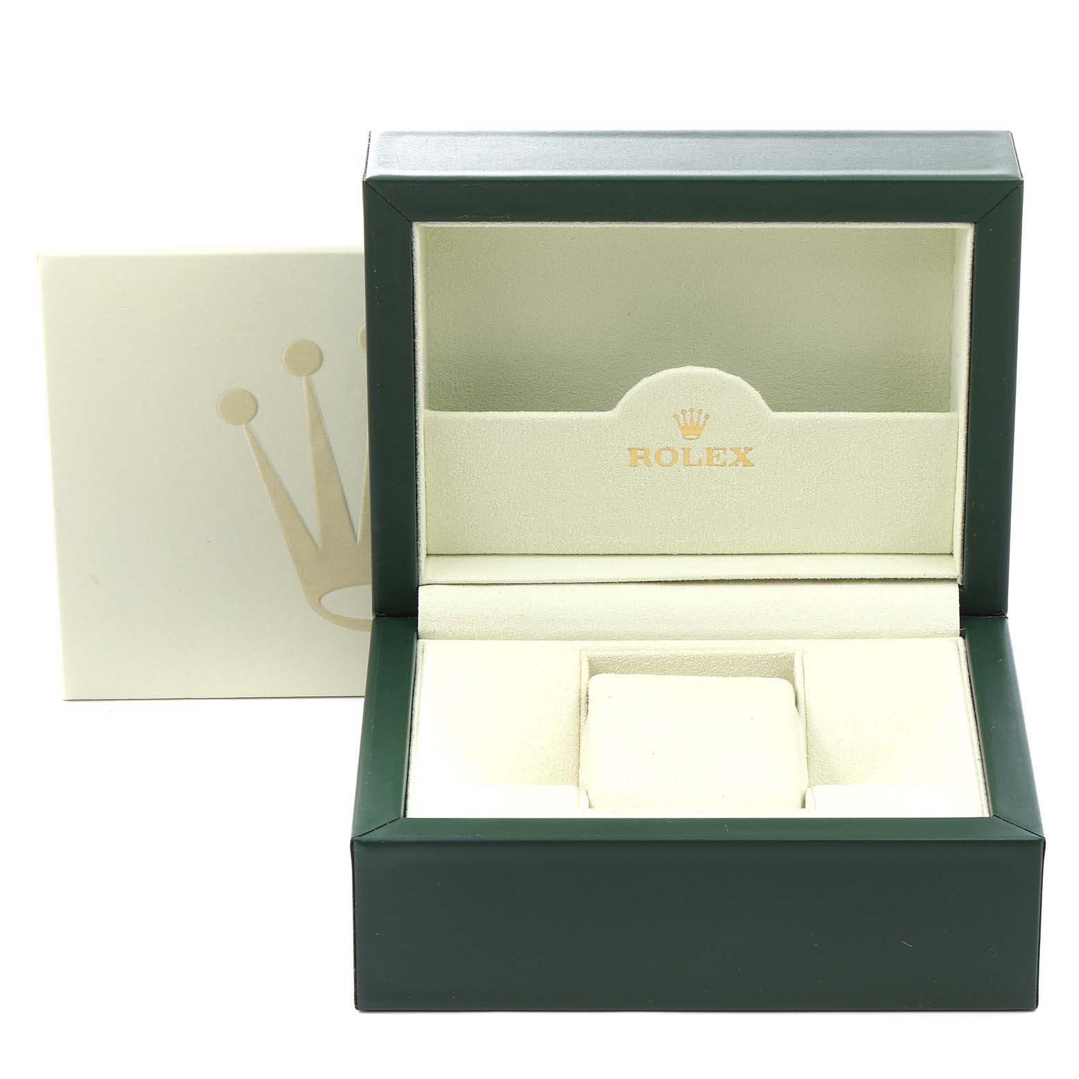 The image shows an open Rolex Datejust 179174 Women's Stainless Steel Silver Dial 179174 Women's Stainless Steel Silver Dial watch box, displaying the interior and cushion for the watch.