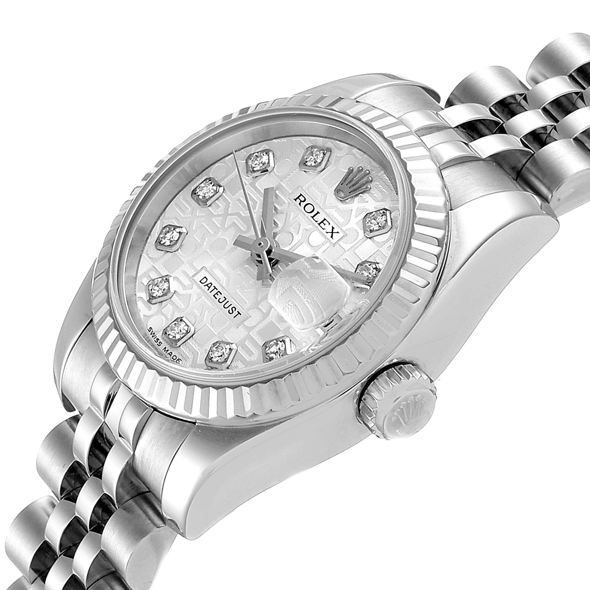 This image shows a close-up angle of the Rolex Datejust 179174 Women's Stainless Steel Silver Dial 179174 Women's Stainless Steel Silver Dial, focusing on the watch face, bezel, crown, and bracelet.