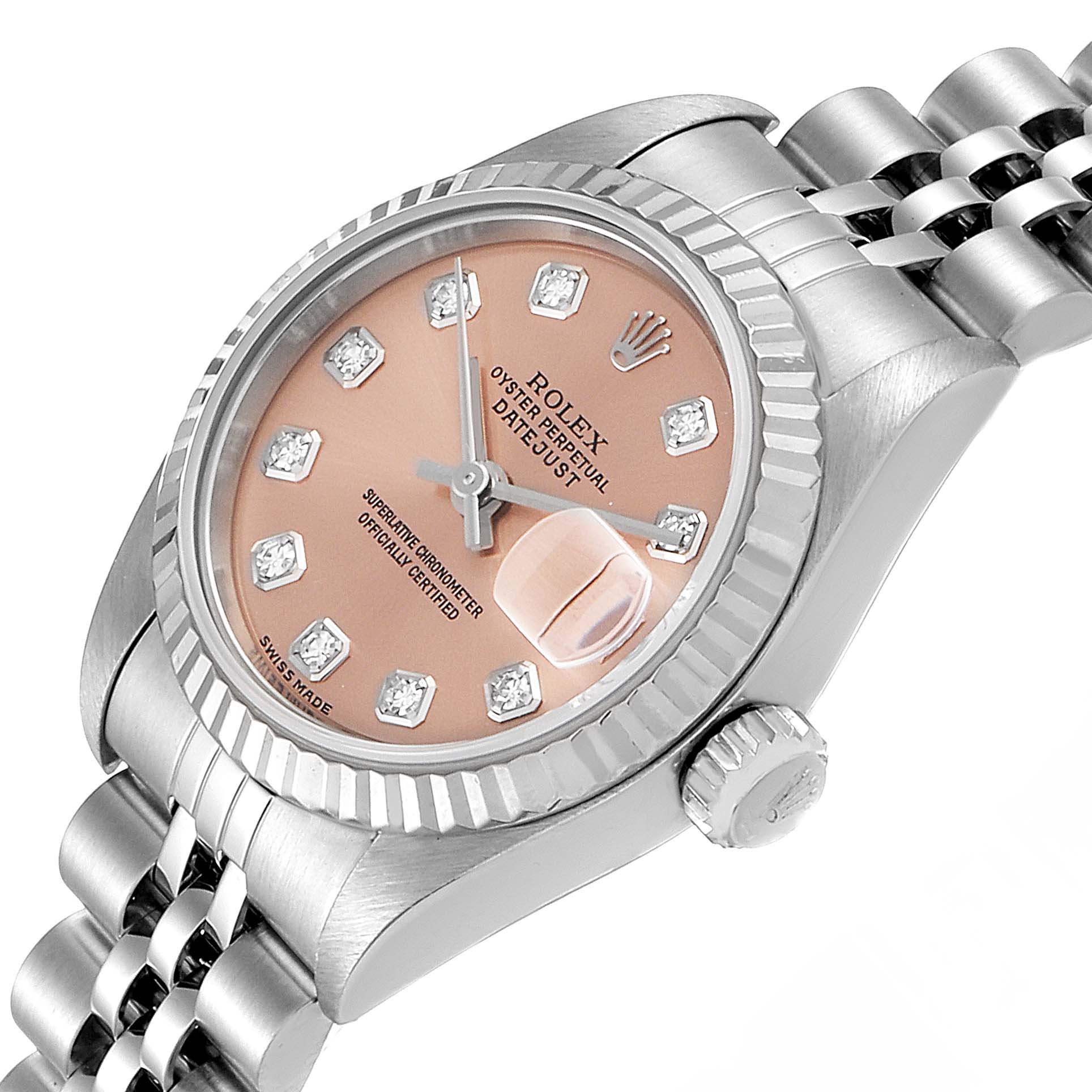 The image shows a Rolex Datejust 79174 Women's Stainless Steel Pink Dial 79174 Women's Stainless Steel Pink Dial watch from a slight angle, highlighting the dial, bezel, crown, and bracelet.