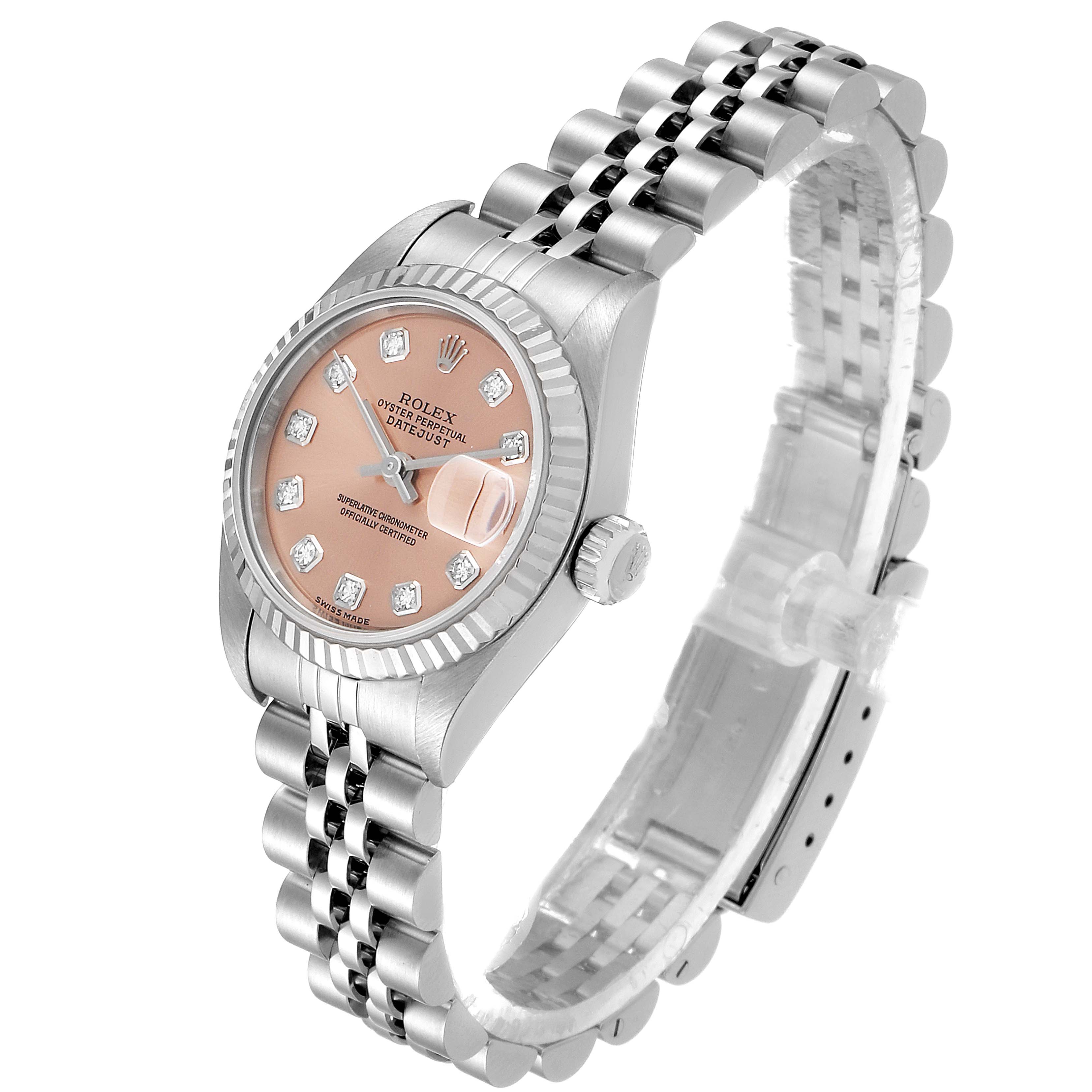 The Rolex Datejust 79174 Women's Stainless Steel Pink Dial 79174 Women's Stainless Steel Pink Dial watch is shown at a three-quarter angle, displaying its dial, bezel, crown, and Jubilee bracelet.