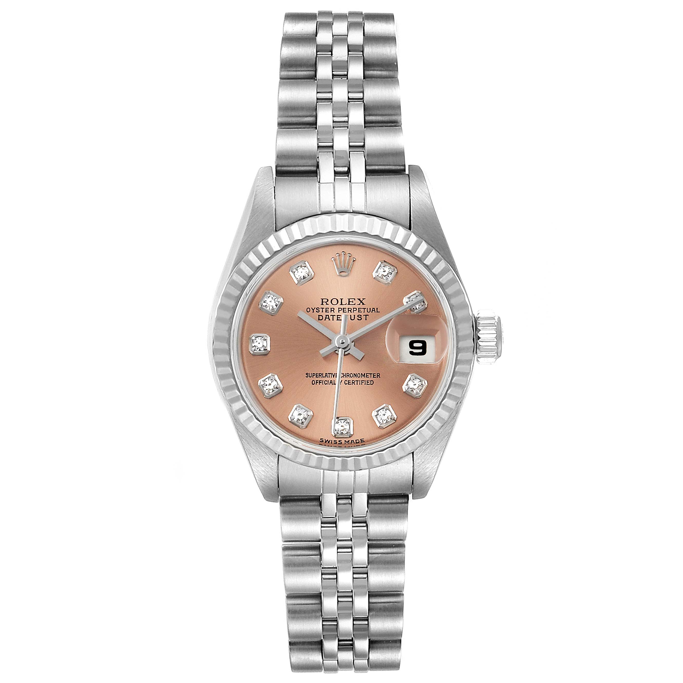 The image shows a face-on view of a Rolex Datejust 79174 Women's Stainless Steel Pink Dial 79174 Women's Stainless Steel Pink Dial watch, featuring a jubilee bracelet and a diamond-set rose gold dial.