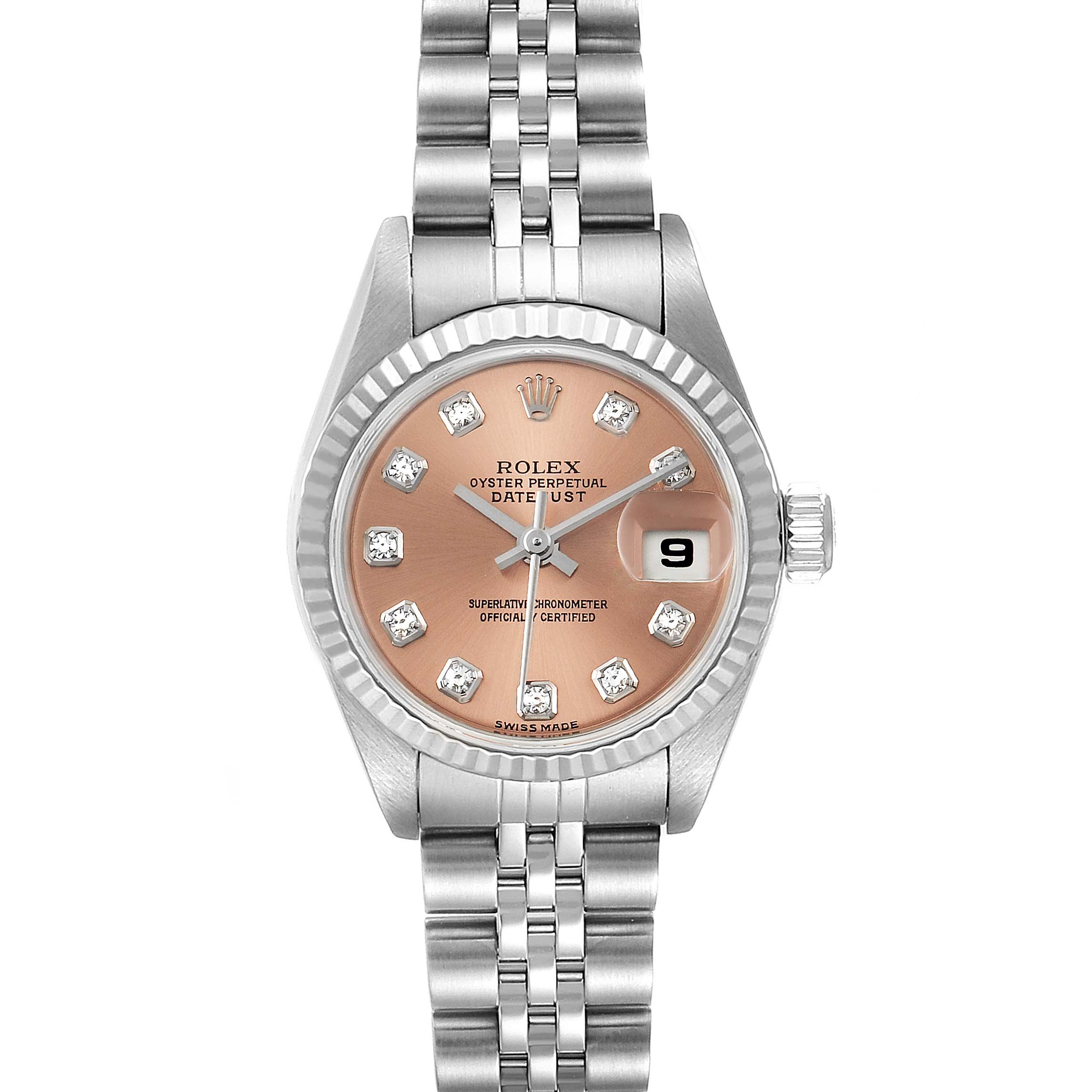 This Rolex Datejust 79174 Women's Stainless Steel Pink Dial 79174 Women's Stainless Steel Pink Dial watch is shown from a top-down angle, displaying its face, bezel, and bracelet.