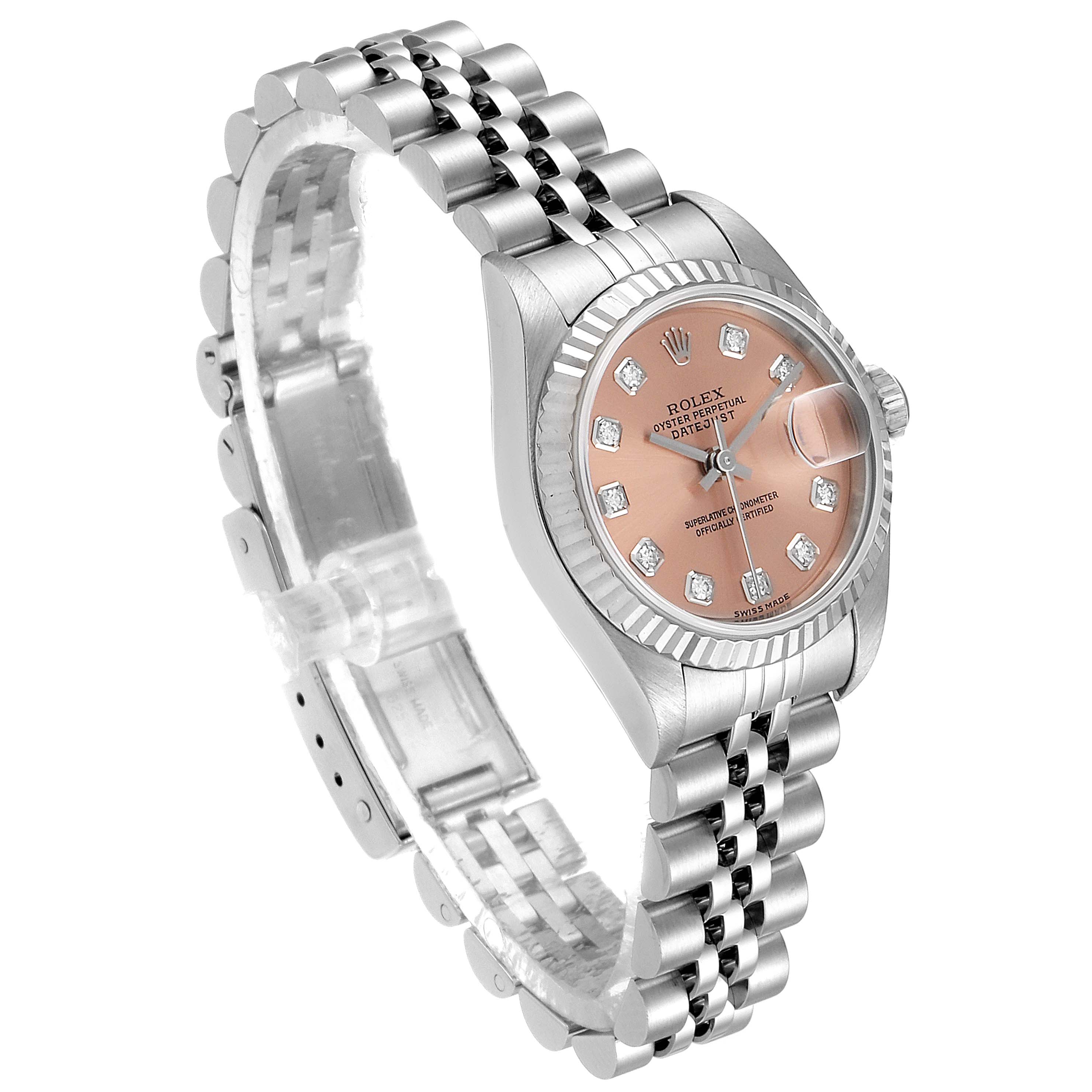 This image shows a Rolex Datejust 79174 Women's Stainless Steel Pink Dial 79174 Women's Stainless Steel Pink Dial watch at an angled perspective, displaying its strap, case, dial, and crown.