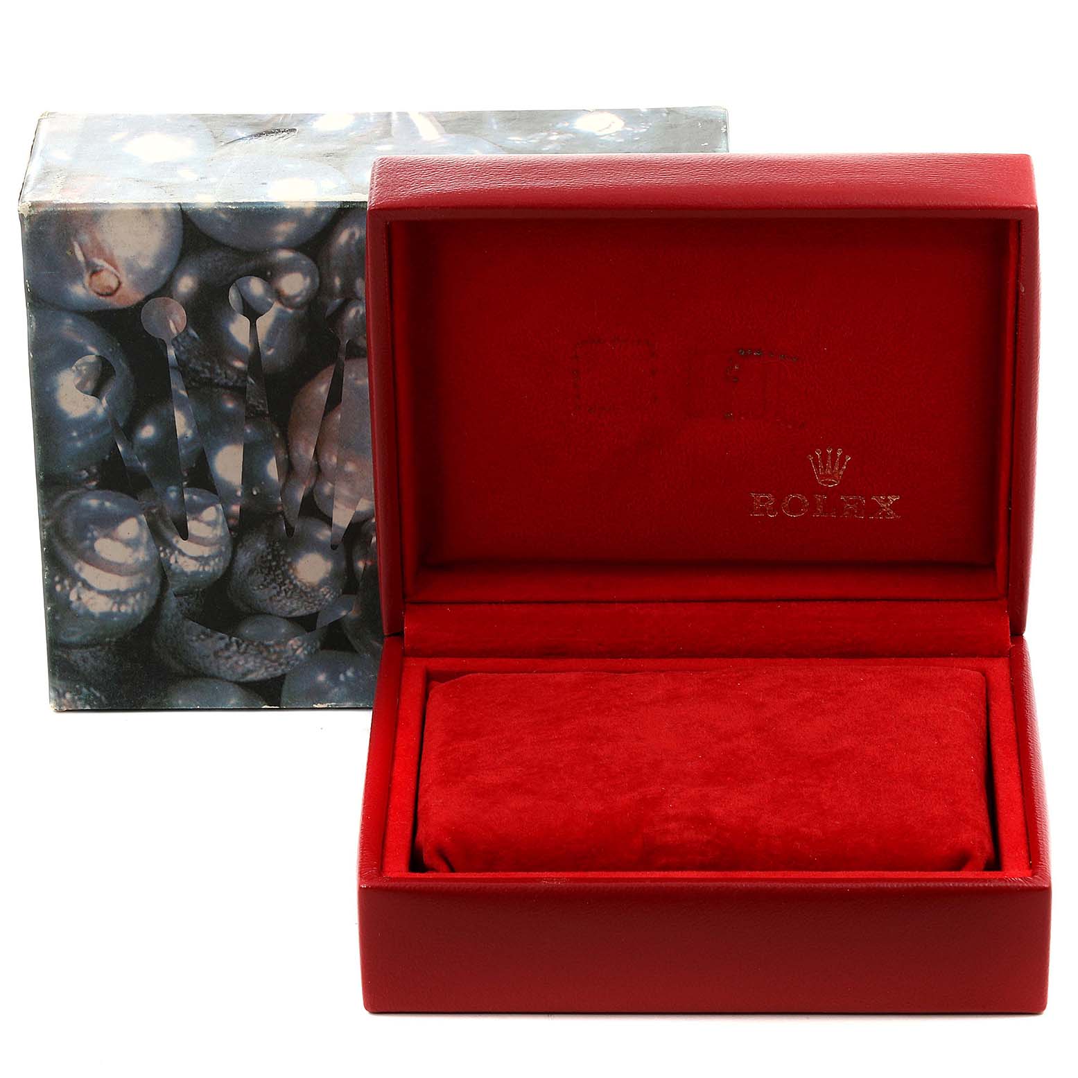 The image shows an open Rolex Datejust 79174 Women's Stainless Steel Pink Dial 79174 Women's Stainless Steel Pink Dial watch box laid inside a decorative outer box.