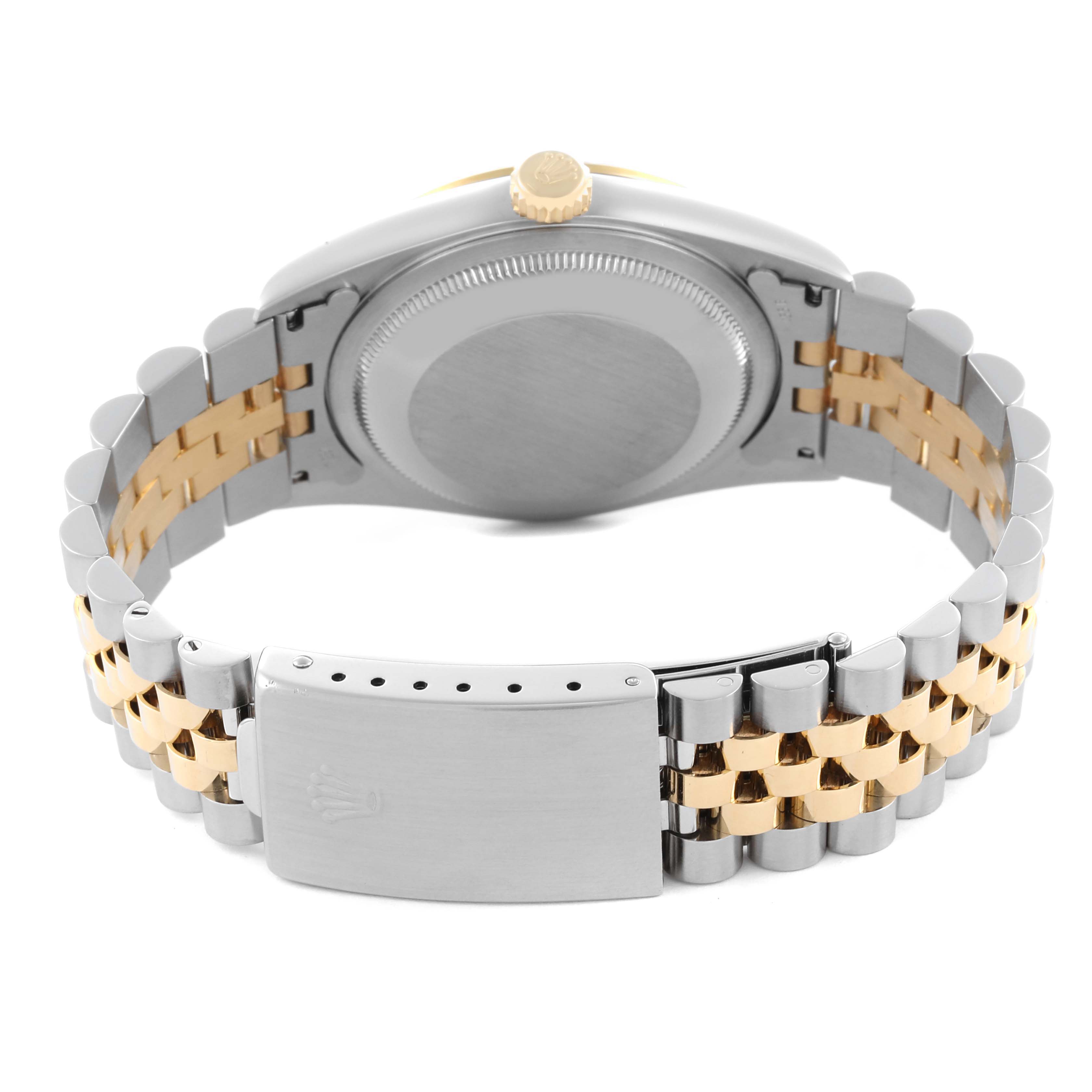 The image shows the backside of a Rolex Datejust 16233 Men's Steel and Gold (two tone) White Dial 16233 Men's Steel and Gold (two tone) White Dial watch, highlighting the case back and Jubilee bracelet with a visible clasp.