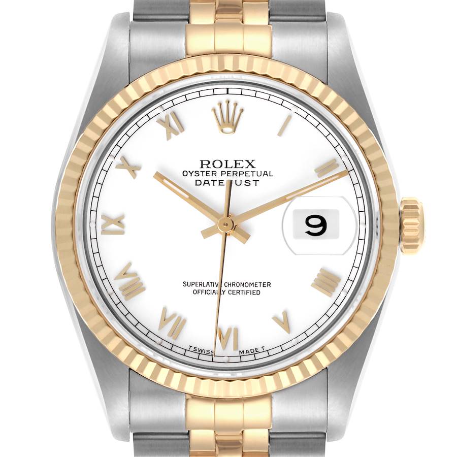 The Rolex Datejust 16233 Men's Steel and Gold (two tone) White Dial 16233 Men's Steel and Gold (two tone) White Dial watch is shown from the front, displaying the face, bezel, crown, and part of the bracelet.