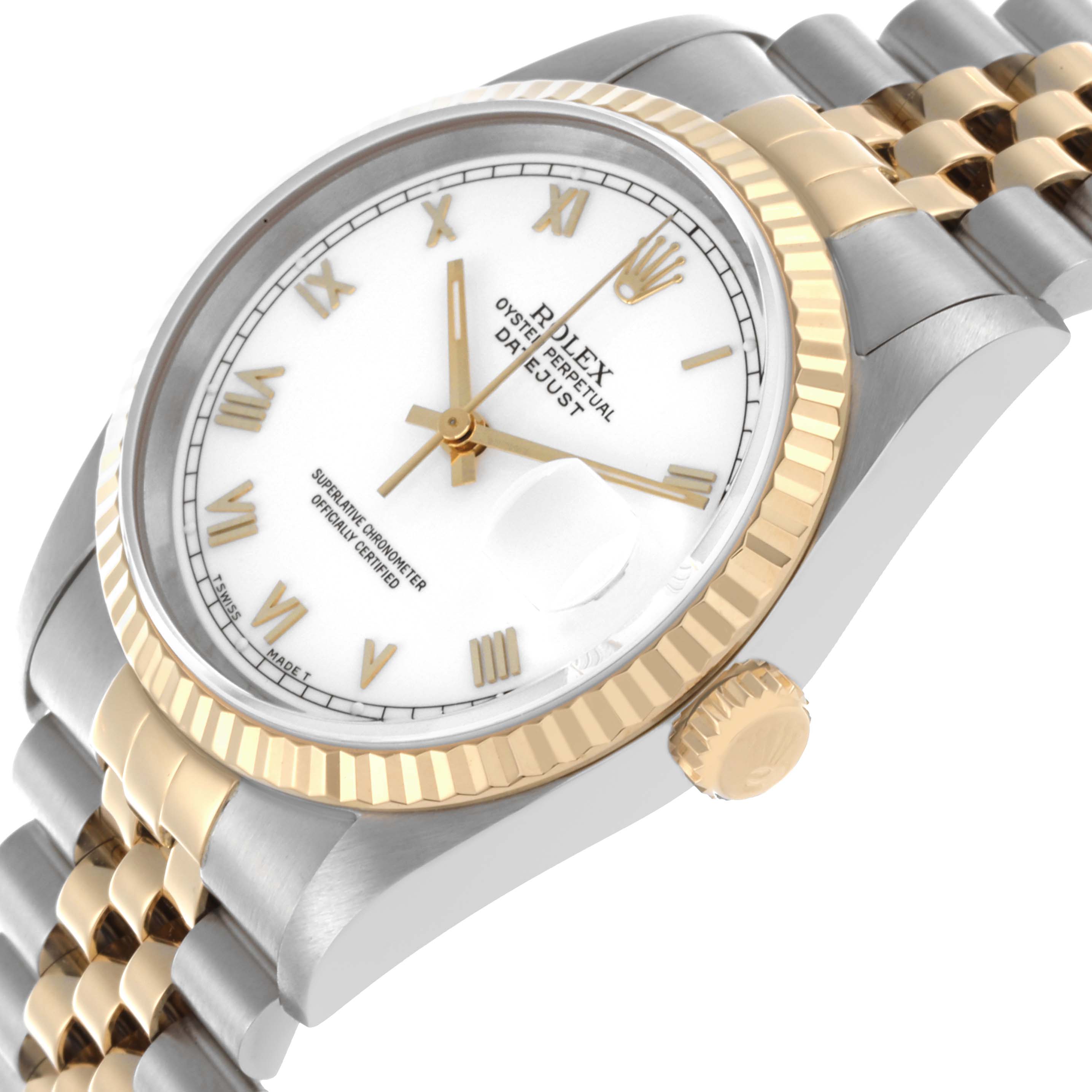The Rolex Datejust 16233 Men's Steel and Gold (two tone) White Dial 16233 Men's Steel and Gold (two tone) White Dial watch is shown at a slight angle, highlighting the dial, crown, bezel, and bracelet.