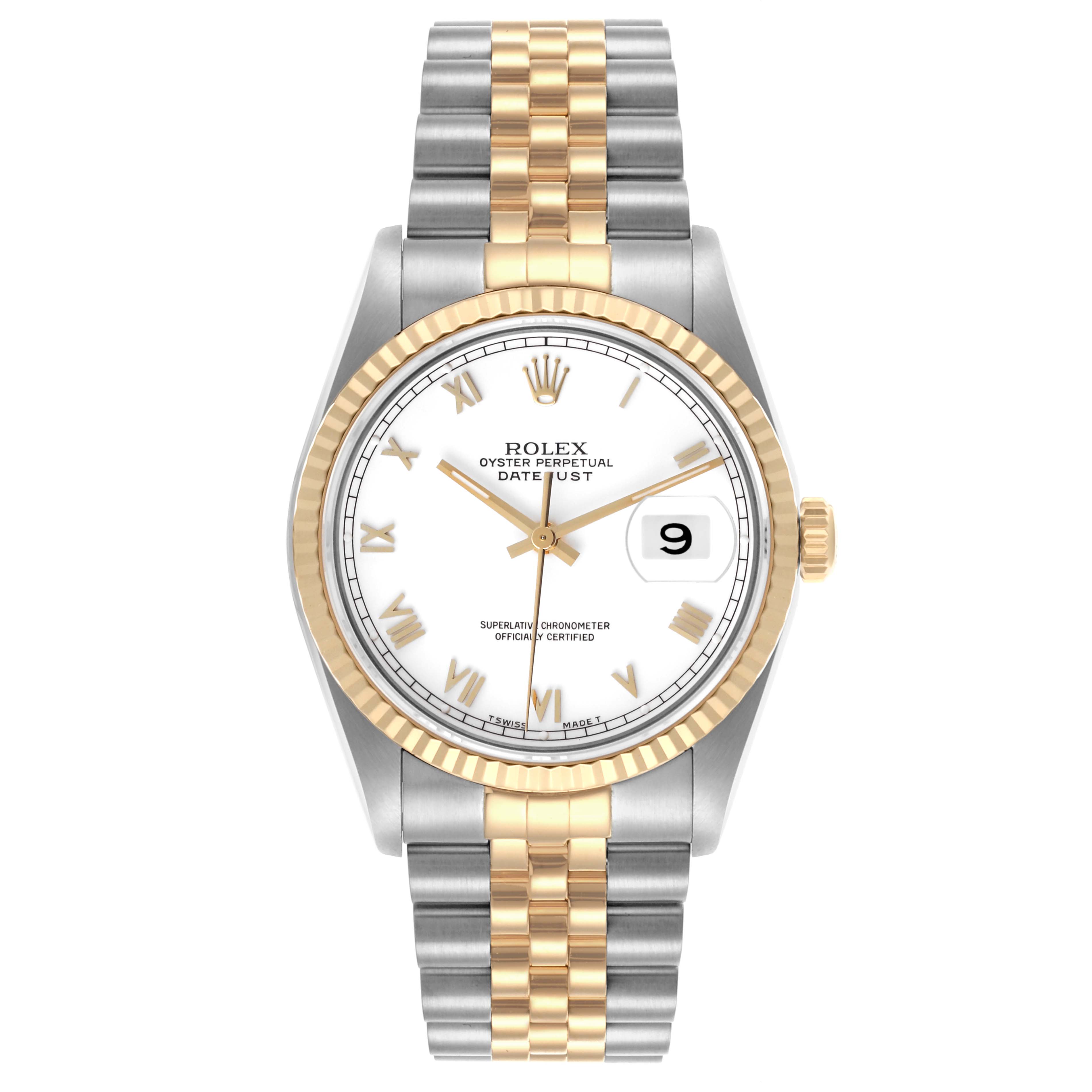 The Rolex Datejust 16233 Men's Steel and Gold (two tone) White Dial 16233 Men's Steel and Gold (two tone) White Dial watch is shown from a top-down view, displaying the dial, bezel, crown, and two-tone bracelet.