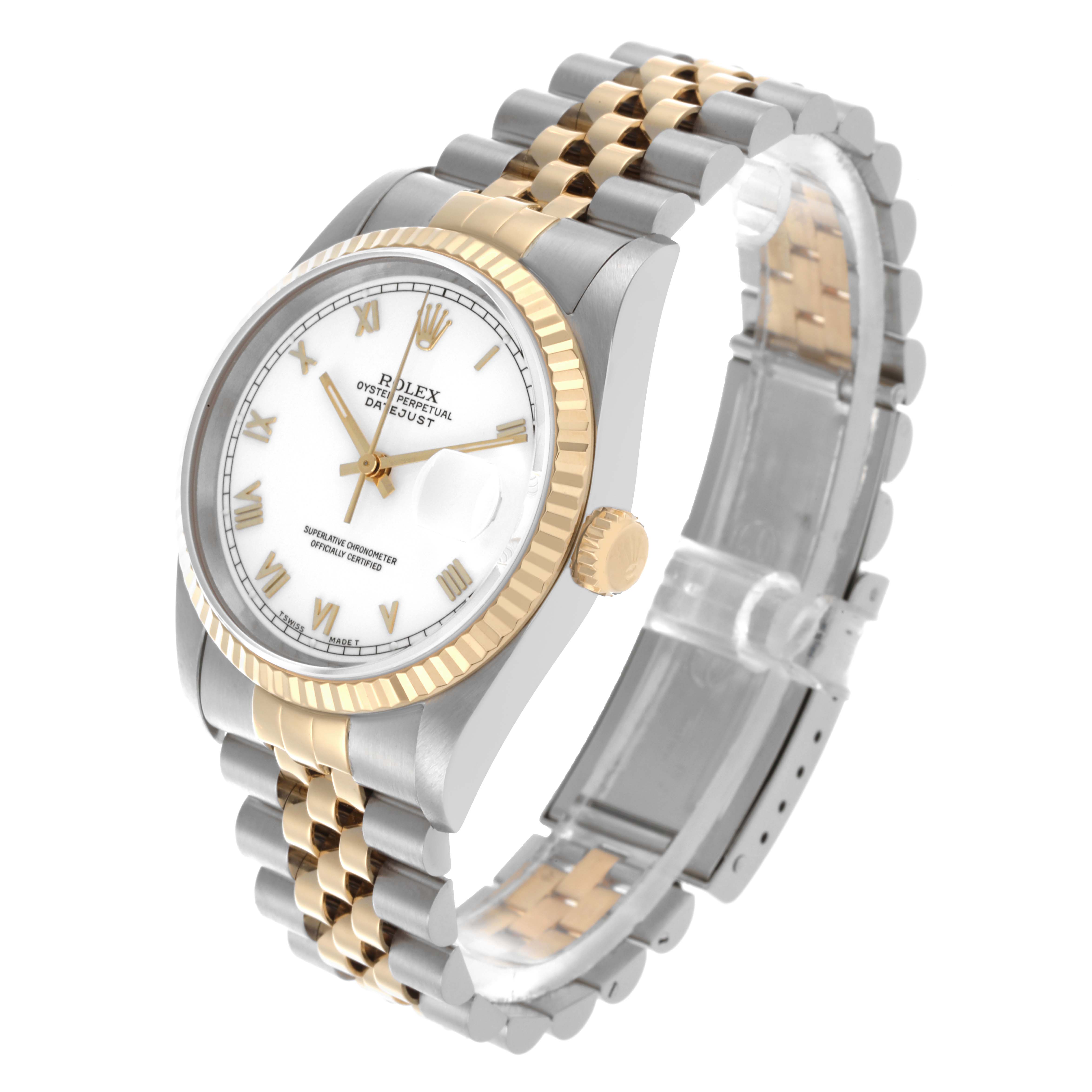 The Rolex Datejust 16233 Men's Steel and Gold (two tone) White Dial 16233 Men's Steel and Gold (two tone) White Dial is shown at an angled side view, highlighting the bezel, dial, bracelet, and crown.