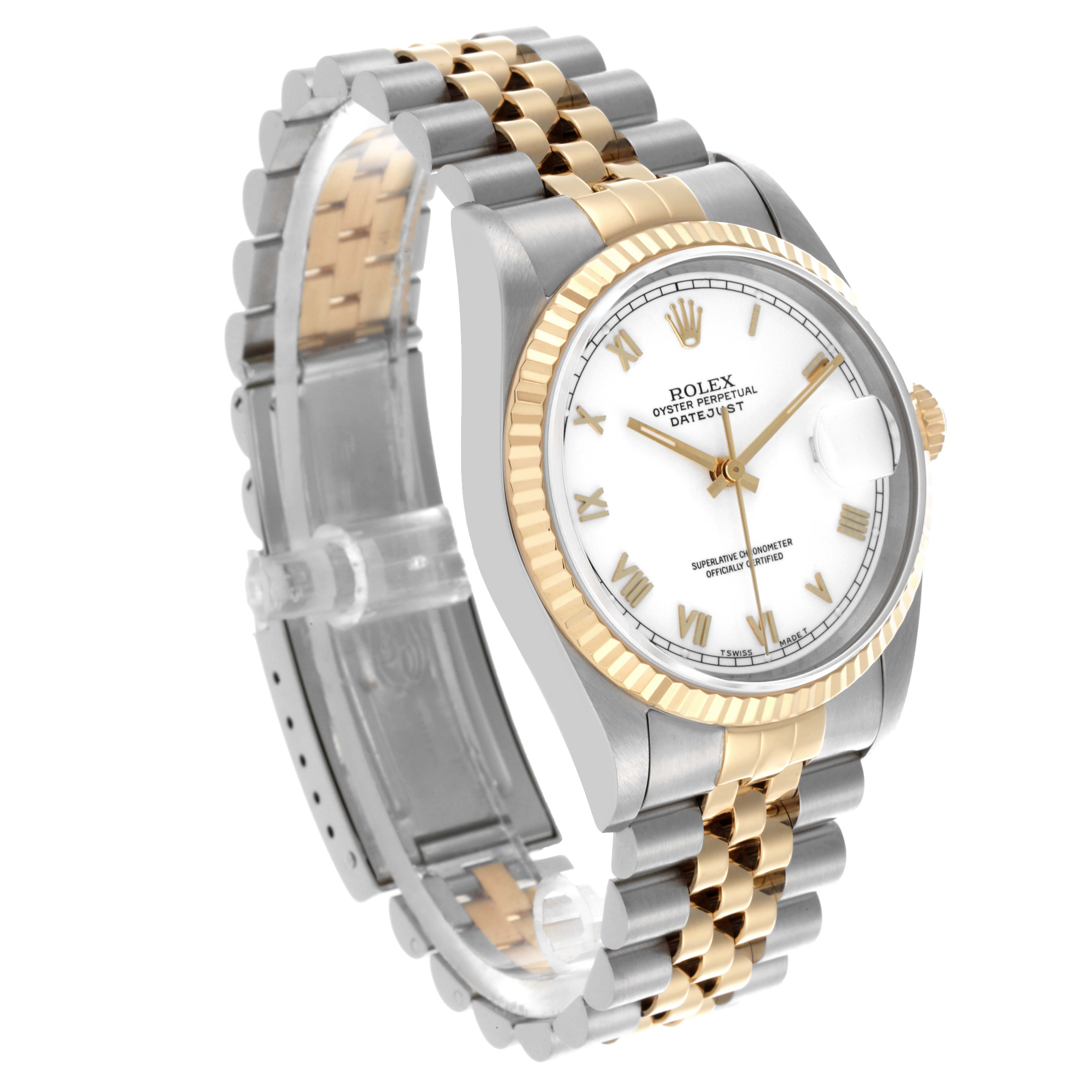 The watch is shown at a side angle, displaying the face, dial, bezel, and two-tone bracelet of the Rolex Datejust 16233 Men's Steel and Gold (two tone) White Dial 16233 Men's Steel and Gold (two tone) White Dial model.