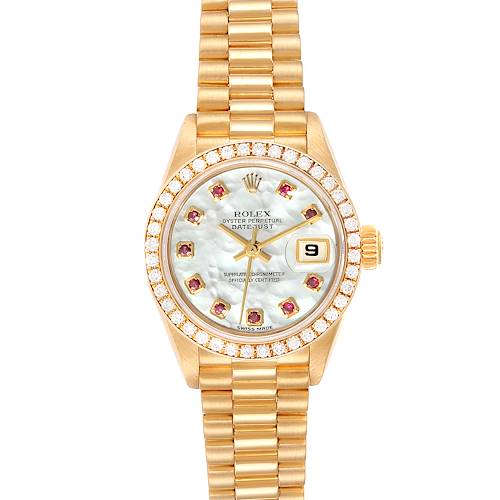 The image shows a frontal view of a Rolex President 79138 Women's Yellow Gold Mother of Pearl Dial 79138 Women's Yellow Gold Mother of Pearl Dial model watch, including its face, bezel, and band.