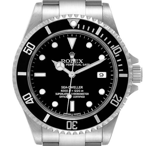The image shows a front view of the Rolex Sea-Dweller 16600T Men's Stainless Steel Black Dial 16600T Men's Stainless Steel Black Dial watch, highlighting the dial, bezel, and part of the bracelet.