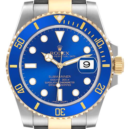 The Rolex Submariner 116613LB Men's Steel and Gold (two tone) Blue Dial 116613LB Men's Steel and Gold (two tone) Blue Dial is shown from the front, highlighting the blue dial, bezel, and crown.
