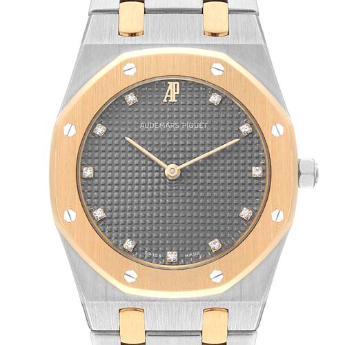 This image shows a front view of the Audemars Piguet Royal Oak 56303SA Men's Steel and Gold (two tone) Grey Dial 56303SA Men's Steel and Gold (two tone) Grey Dial watch, highlighting its bezel, dial, and bracelet.