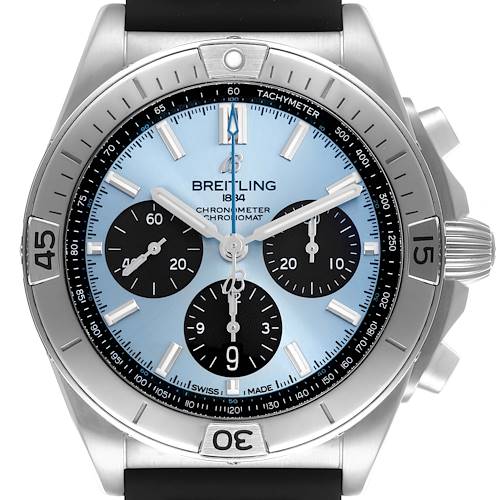 The Breitling Chronomat PB0134 Men's Stainless Steel Blue Dial PB0134 Men's Stainless Steel Blue Dial watch is shown from the front, displaying the dial, bezel, and chronograph subdials clearly.