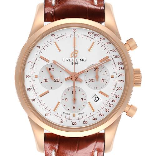The Breitling Transocean RB0152 Men's Rose Gold Silver Dial RB0152 Men's Rose Gold Silver Dial watch is shown from a frontal angle, displaying the face, bezel, case, crown, pushers, and strap.