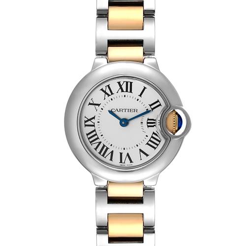 The Cartier Ballon Bleu W69007Z3 Women's Steel and Gold (two tone) Silver Dial W69007Z3 Women's Steel and Gold (two tone) Silver Dial watch is shown from a top view, displaying the face and part of the bracelet.