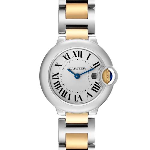 The Cartier Ballon Bleu W69007Z3 Women's Steel and Gold (two tone) Silver Dial W69007Z3 Women's Steel and Gold (two tone) Silver Dial watch is shown from the front, highlighting its face, Roman numerals, and bi-metal bracelet.