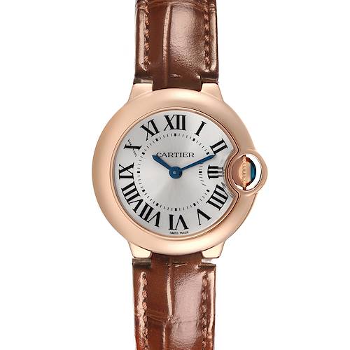 The Cartier Ballon Bleu W6900256 Women's Rose Gold Silver Dial W6900256 Women's Rose Gold Silver Dial watch is shown from the front, displaying the dial, case, and leather strap.
